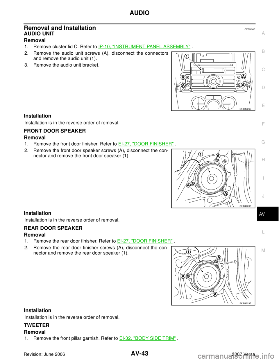 NISSAN LATIO 2007  Service Repair Manual AUDIO
AV-43
C
D
E
F
G
H
I
J
L
MA
B
AV
Revision: June 20062007 Versa
Removal and InstallationEKS00I4G
AUDIO UNIT
Removal
1. Remove cluster lid C. Refer to IP-10, "INSTRUMENT PANEL ASSEMBLY" .
2. Remove