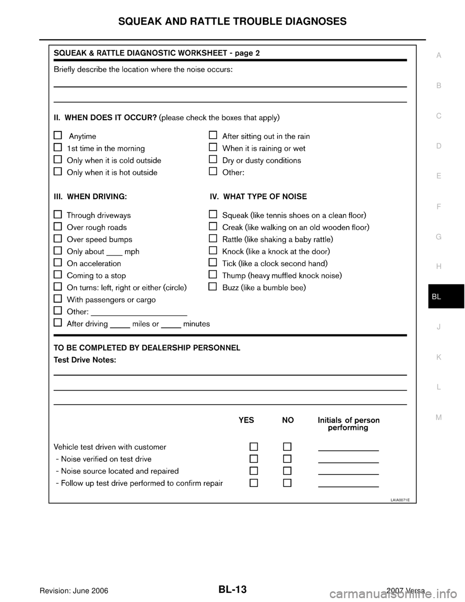 NISSAN LATIO 2007  Service Repair Manual SQUEAK AND RATTLE TROUBLE DIAGNOSES
BL-13
C
D
E
F
G
H
J
K
L
MA
B
BL
Revision: June 20062007 Versa
LAIA0071E 
