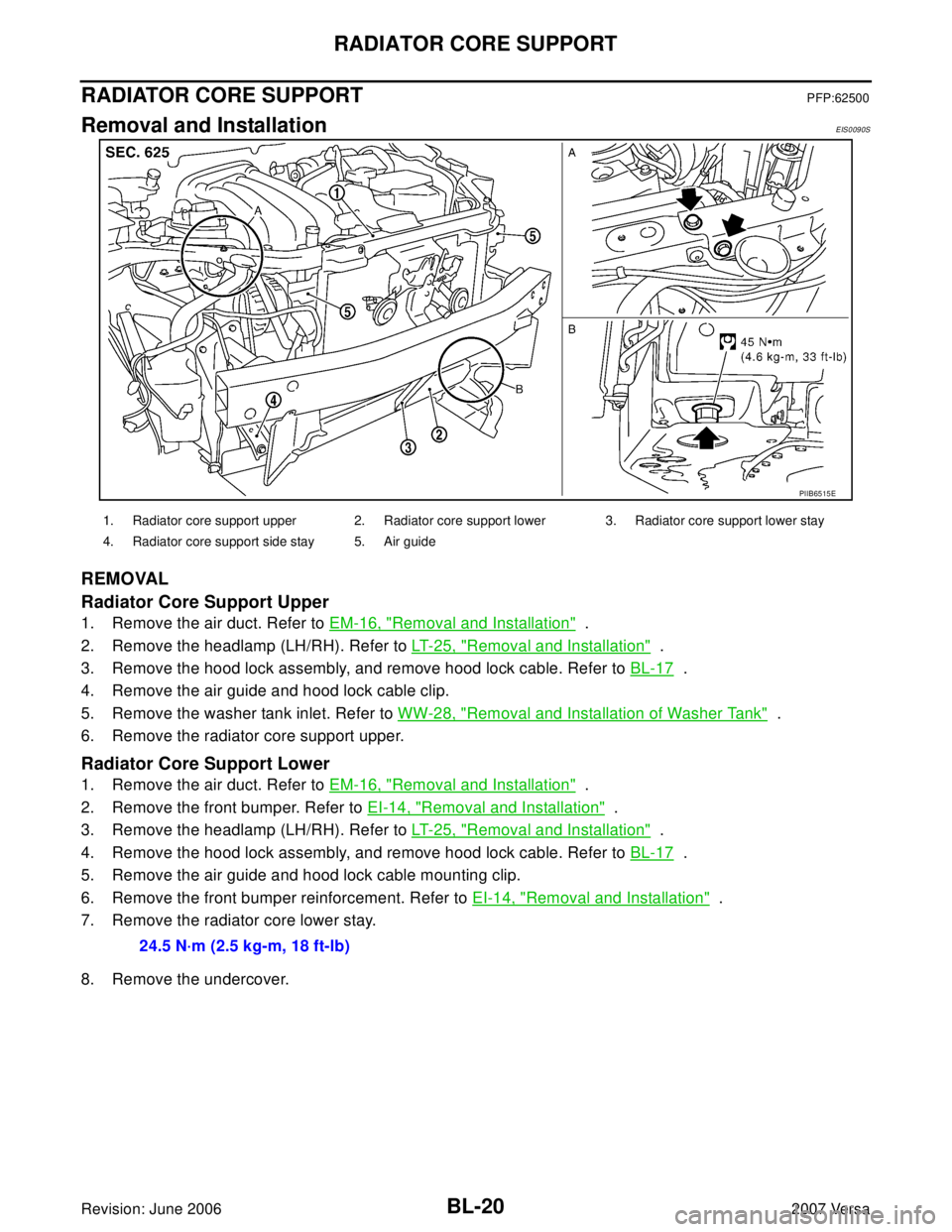 NISSAN LATIO 2007  Service Repair Manual BL-20
RADIATOR CORE SUPPORT
Revision: June 20062007 Versa
RADIATOR CORE SUPPORTPFP:62500
Removal and InstallationEIS0090S
REMOVAL
Radiator Core Support Upper
1. Remove the air duct. Refer to EM-16, "R
