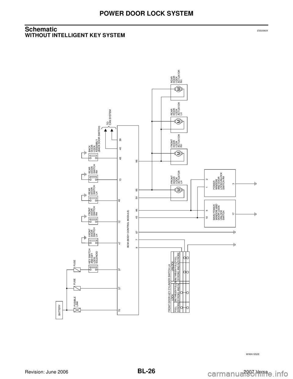 NISSAN LATIO 2007  Service Repair Manual BL-26
POWER DOOR LOCK SYSTEM
Revision: June 20062007 Versa
SchematicEIS0090X
WITHOUT INTELLIGENT KEY SYSTEM
WIWA1952E 