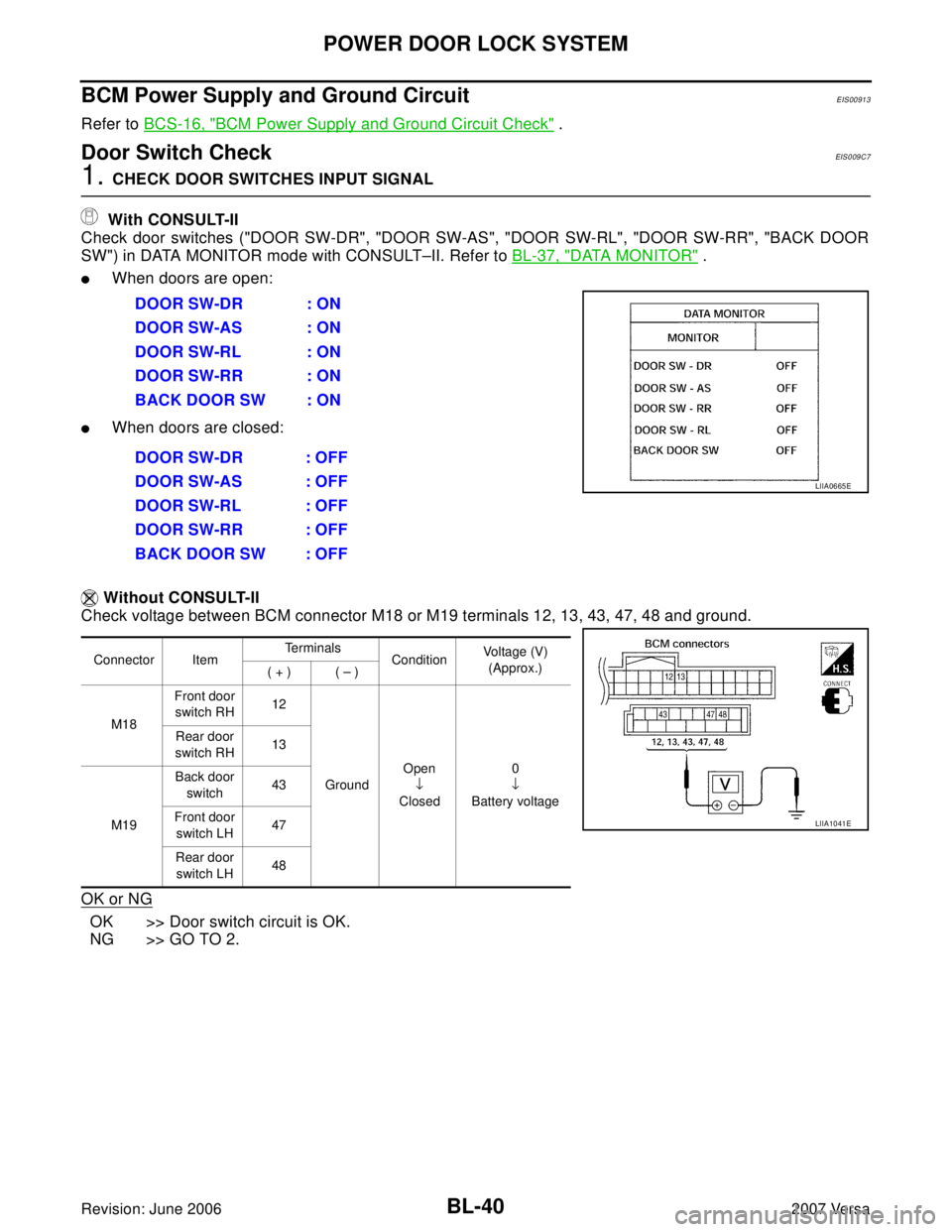 NISSAN LATIO 2007 Service Repair Manual BL-40
POWER DOOR LOCK SYSTEM
Revision: June 20062007 Versa
BCM Power Supply and Ground CircuitEIS00913
Refer to BCS-16, "BCM Power Supply and Ground Circuit Check" .
Door Switch CheckEIS0 09 C7
1. CHE NISSAN LATIO 2007 Service Repair Manual BL-40
POWER DOOR LOCK SYSTEM
Revision: June 20062007 Versa
BCM Power Supply and Ground CircuitEIS00913
Refer to BCS-16, "BCM Power Supply and Ground Circuit Check" .
Door Switch CheckEIS0 09 C7
1. CHE