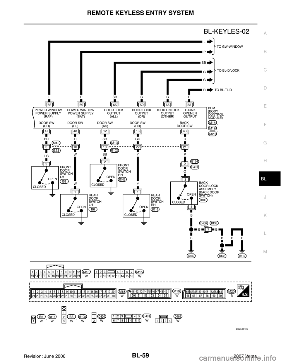 NISSAN LATIO 2007  Service Repair Manual REMOTE KEYLESS ENTRY SYSTEM
BL-59
C
D
E
F
G
H
J
K
L
MA
B
BL
Revision: June 20062007 Versa
LIWA0548E 