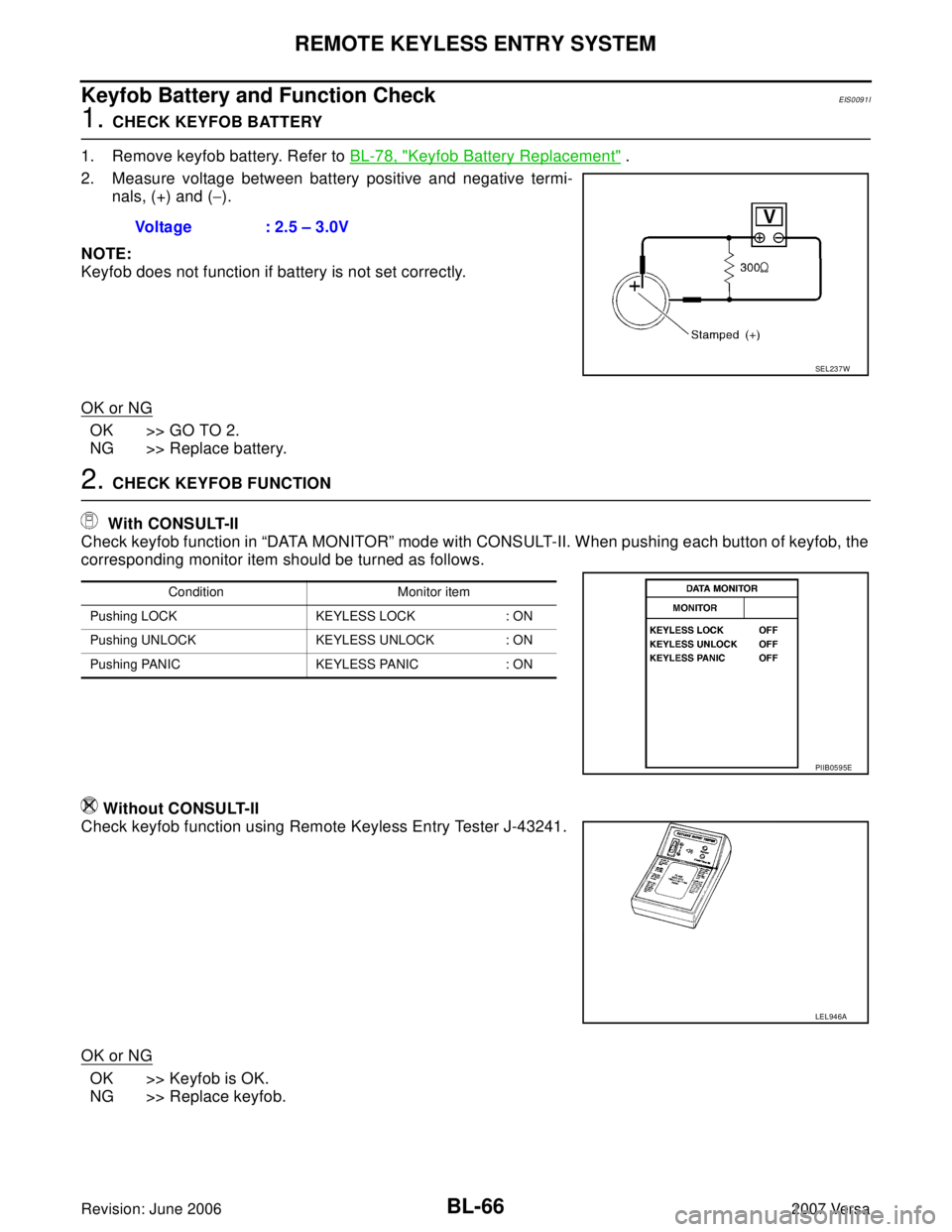 NISSAN LATIO 2007 Service Repair Manual BL-66
REMOTE KEYLESS ENTRY SYSTEM
Revision: June 20062007 Versa
Keyfob Battery and Function CheckEIS0091I
1. CHECK KEYFOB BATTERY
1. Remove keyfob battery. Refer to BL-78, "
Keyfob Battery Replacement NISSAN LATIO 2007 Service Repair Manual BL-66
REMOTE KEYLESS ENTRY SYSTEM
Revision: June 20062007 Versa
Keyfob Battery and Function CheckEIS0091I
1. CHECK KEYFOB BATTERY
1. Remove keyfob battery. Refer to BL-78, "
Keyfob Battery Replacement