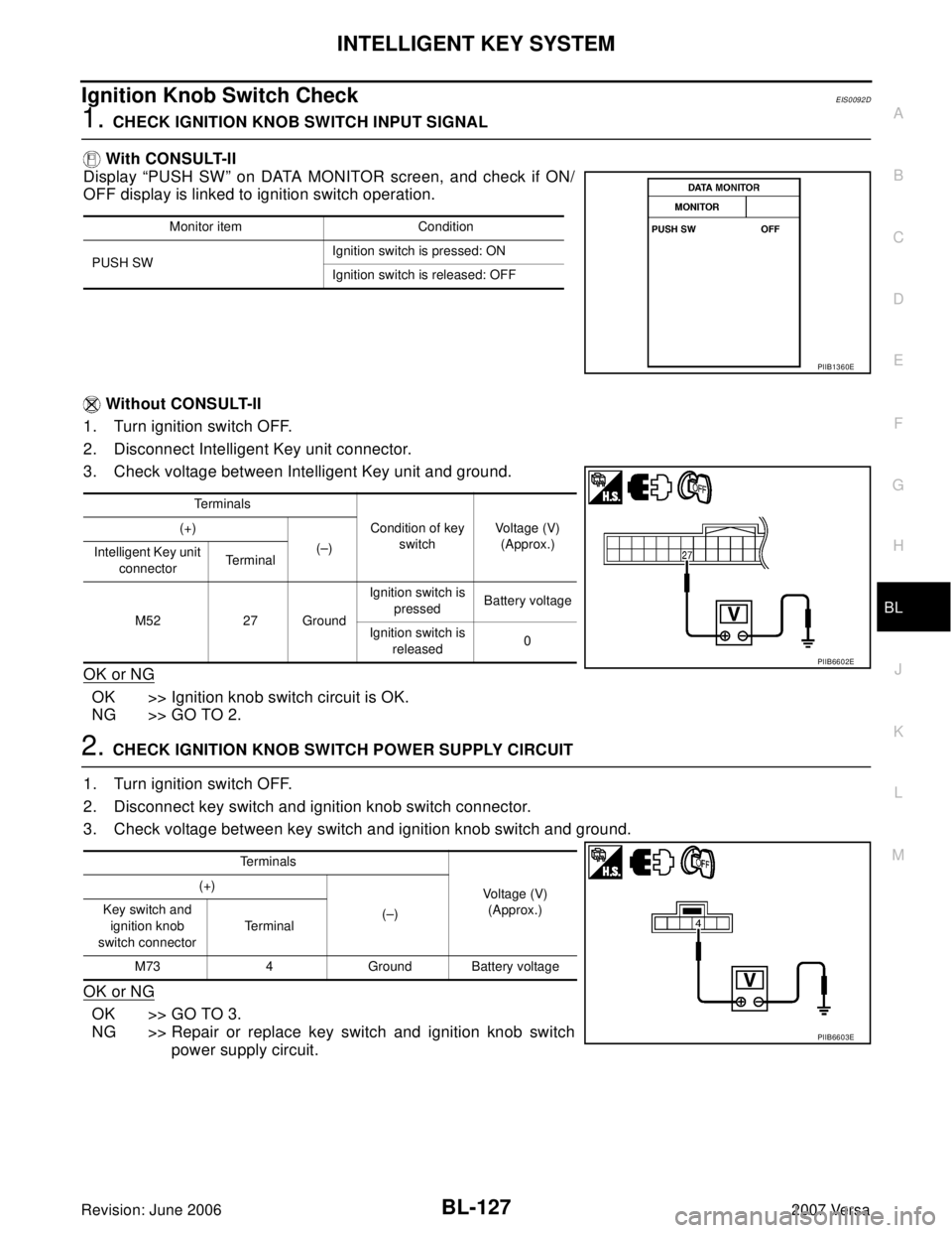 NISSAN LATIO 2007  Service Repair Manual INTELLIGENT KEY SYSTEM
BL-127
C
D
E
F
G
H
J
K
L
MA
B
BL
Revision: June 20062007 Versa
Ignition Knob Switch CheckEIS0092D
1. CHECK IGNITION KNOB SWITCH INPUT SIGNAL
 With CONSULT-II
Display “PUSH SW