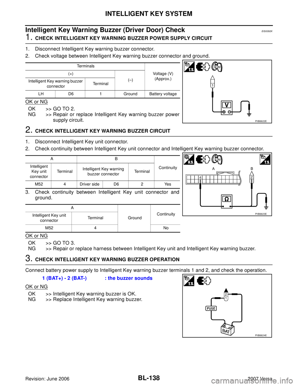 NISSAN LATIO 2007 Service Repair Manual BL-138
INTELLIGENT KEY SYSTEM
Revision: June 20062007 Versa
Intelligent Key Warning Buzzer (Driver Door) CheckEIS0092K
1. CHECK INTELLIGENT KEY WARNING BUZZER POWER SUPPLY CIRCUIT
1. Disconnect Intell NISSAN LATIO 2007 Service Repair Manual BL-138
INTELLIGENT KEY SYSTEM
Revision: June 20062007 Versa
Intelligent Key Warning Buzzer (Driver Door) CheckEIS0092K
1. CHECK INTELLIGENT KEY WARNING BUZZER POWER SUPPLY CIRCUIT
1. Disconnect Intell