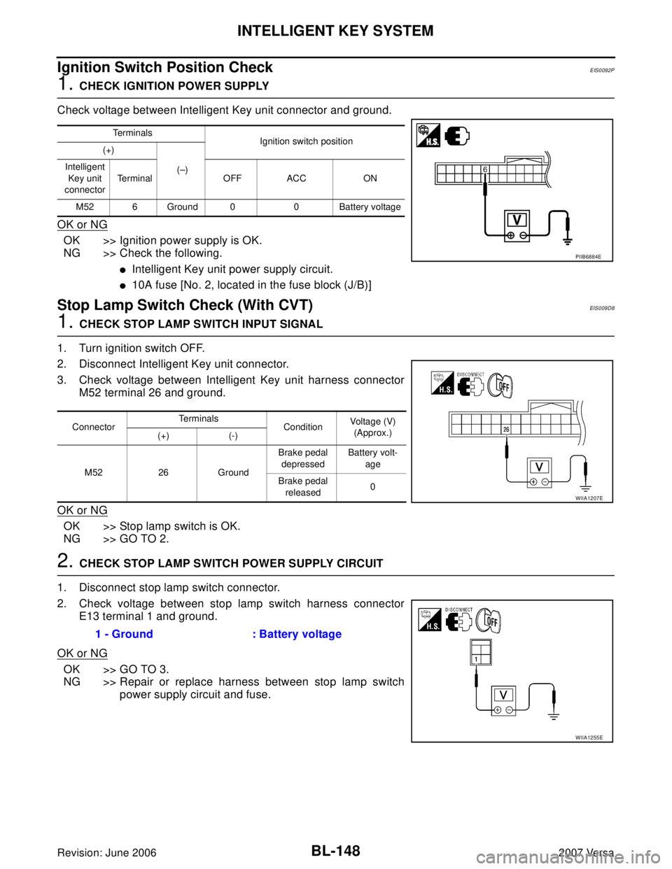 NISSAN LATIO 2007 Service Repair Manual BL-148
INTELLIGENT KEY SYSTEM
Revision: June 20062007 Versa
Ignition Switch Position CheckEIS0092P
1. CHECK IGNITION POWER SUPPLY
Check voltage between Intelligent Key unit connector and ground.
OK or NISSAN LATIO 2007 Service Repair Manual BL-148
INTELLIGENT KEY SYSTEM
Revision: June 20062007 Versa
Ignition Switch Position CheckEIS0092P
1. CHECK IGNITION POWER SUPPLY
Check voltage between Intelligent Key unit connector and ground.
OK or