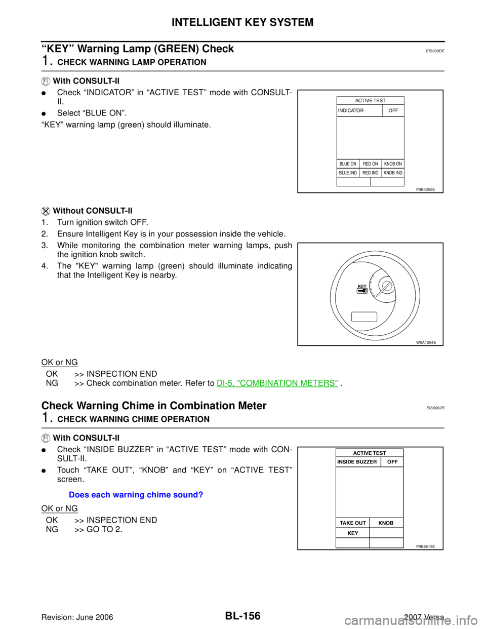 NISSAN LATIO 2007  Service Repair Manual BL-156
INTELLIGENT KEY SYSTEM
Revision: June 20062007 Versa
“KEY” Warning Lamp (GREEN) CheckEIS009DE
1. CHECK WARNING LAMP OPERATION
 With CONSULT-II
Check “INDICATOR” in “ACTIVE TEST” mo