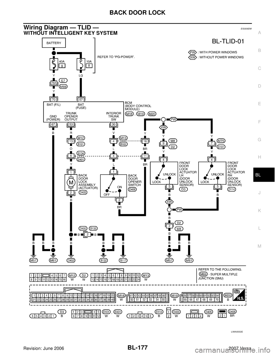 NISSAN LATIO 2007  Service Repair Manual BACK DOOR LOCK
BL-177
C
D
E
F
G
H
J
K
L
MA
B
BL
Revision: June 20062007 Versa
Wiring Diagram — TLID —EIS009DM
WITHOUT INTELLIGENT KEY SYSTEM
LIWA0553E 