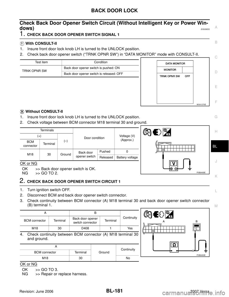 NISSAN LATIO 2007  Service Repair Manual BACK DOOR LOCK
BL-181
C
D
E
F
G
H
J
K
L
MA
B
BL
Revision: June 20062007 Versa
Check Back Door Opener Switch Circuit (Without Intelligent Key or Power Win-
dows)
EIS009DS
1. CHECK BACK DOOR OPENER SWIT