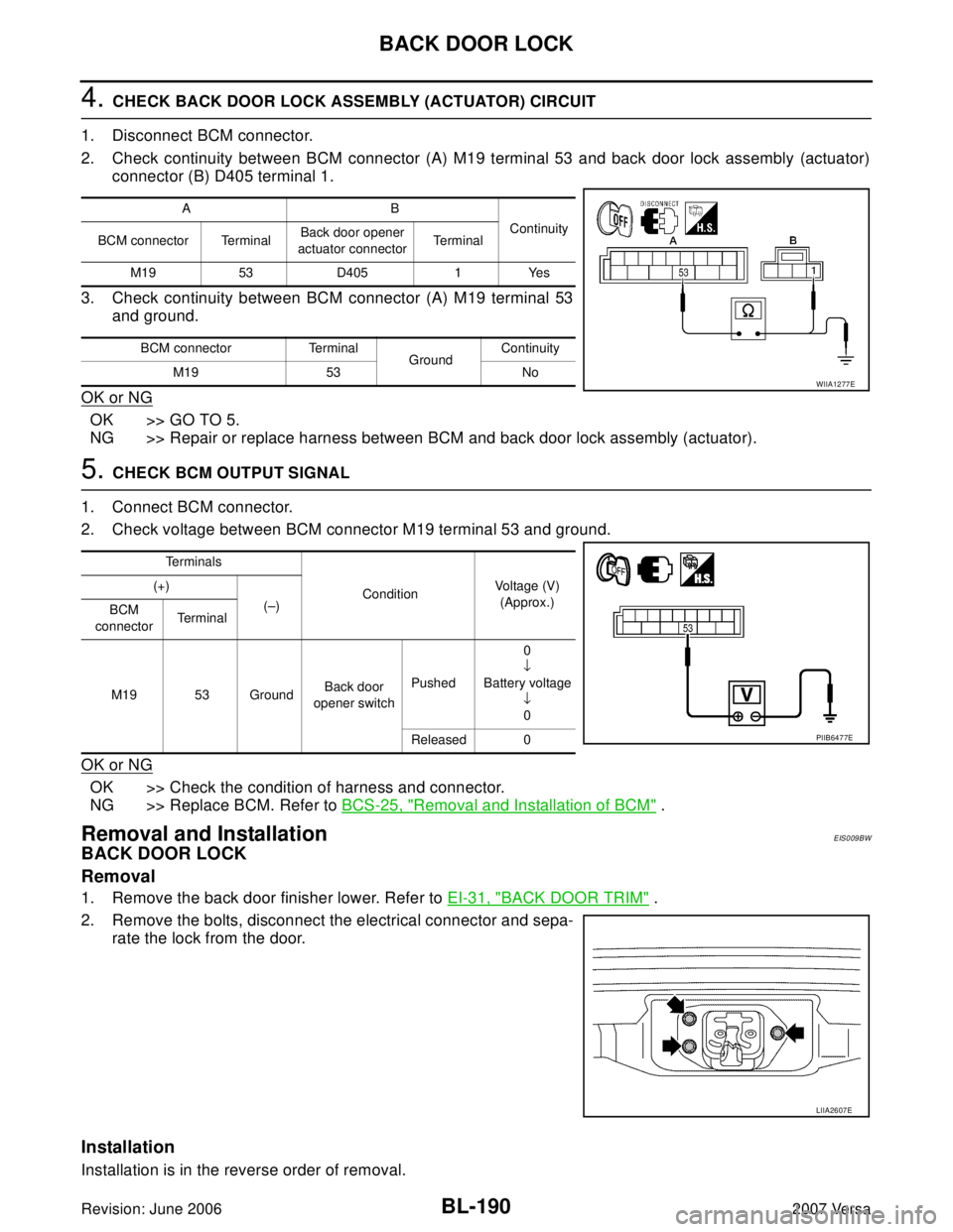 NISSAN LATIO 2007  Service Repair Manual BL-190
BACK DOOR LOCK
Revision: June 20062007 Versa
4. CHECK BACK DOOR LOCK ASSEMBLY (ACTUATOR) CIRCUIT
1. Disconnect BCM connector.
2. Check continuity between BCM connector (A) M19 terminal 53 and b
