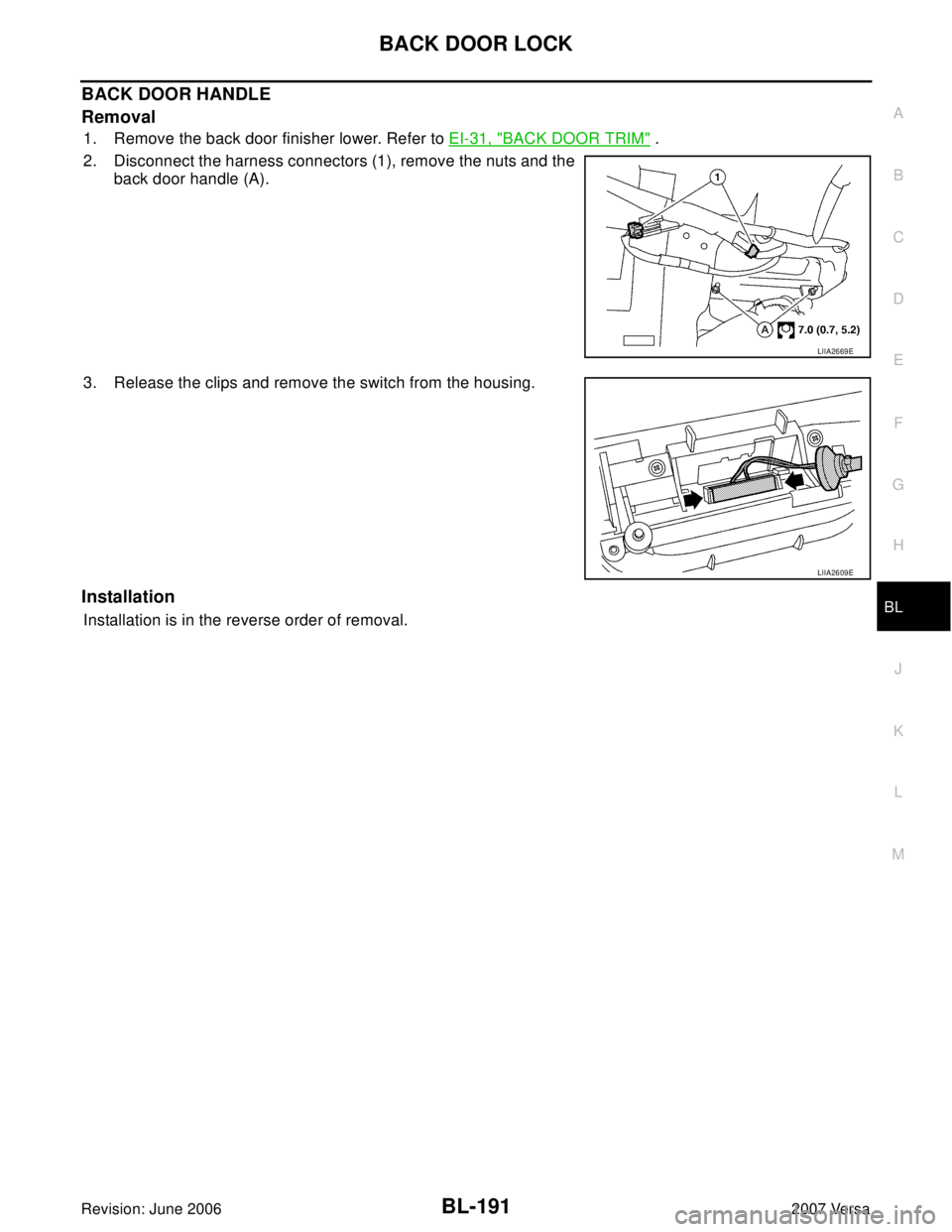 NISSAN LATIO 2007  Service Repair Manual BACK DOOR LOCK
BL-191
C
D
E
F
G
H
J
K
L
MA
B
BL
Revision: June 20062007 Versa
BACK DOOR HANDLE
Removal
1. Remove the back door finisher lower. Refer to EI-31, "BACK DOOR TRIM" .
2. Disconnect the harn