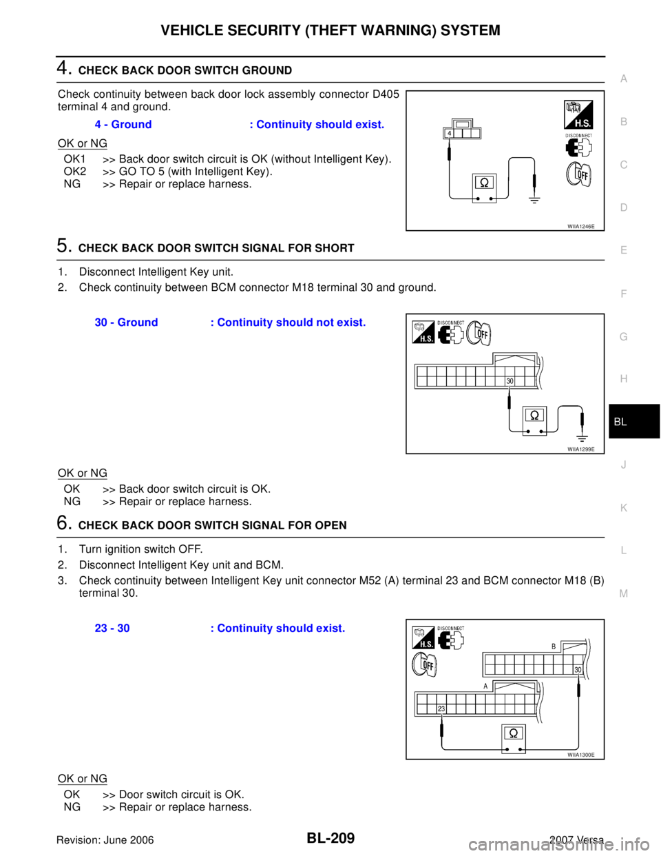 NISSAN LATIO 2007  Service Repair Manual VEHICLE SECURITY (THEFT WARNING) SYSTEM
BL-209
C
D
E
F
G
H
J
K
L
MA
B
BL
Revision: June 20062007 Versa
4. CHECK BACK DOOR SWITCH GROUND
Check continuity between back door lock assembly connector D405
