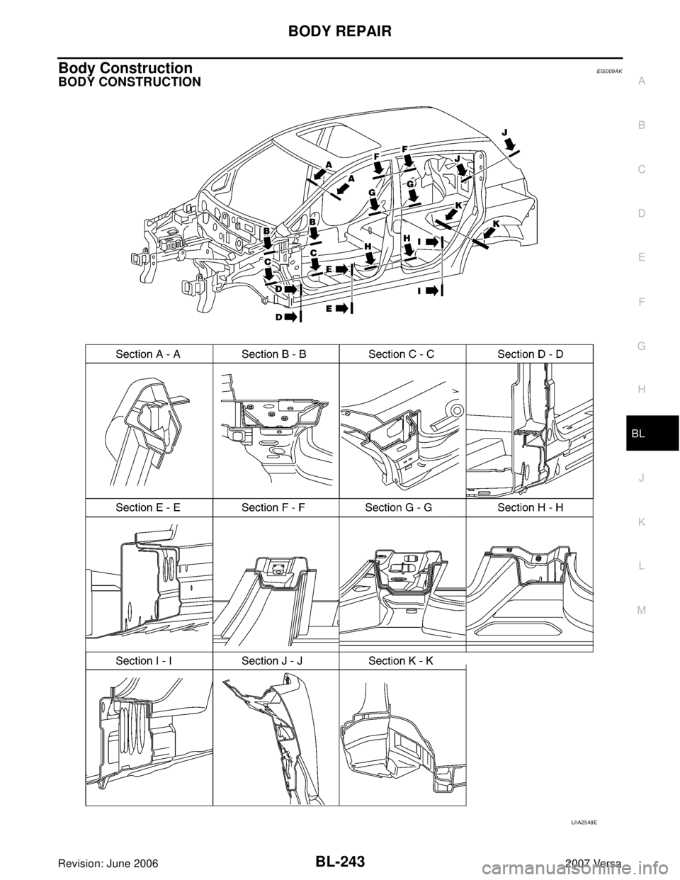 NISSAN LATIO 2007  Service Repair Manual BODY REPAIR
BL-243
C
D
E
F
G
H
J
K
L
MA
B
BL
Revision: June 20062007 Versa
Body ConstructionEIS009AK
BODY CONSTRUCTION
LIIA2548E 