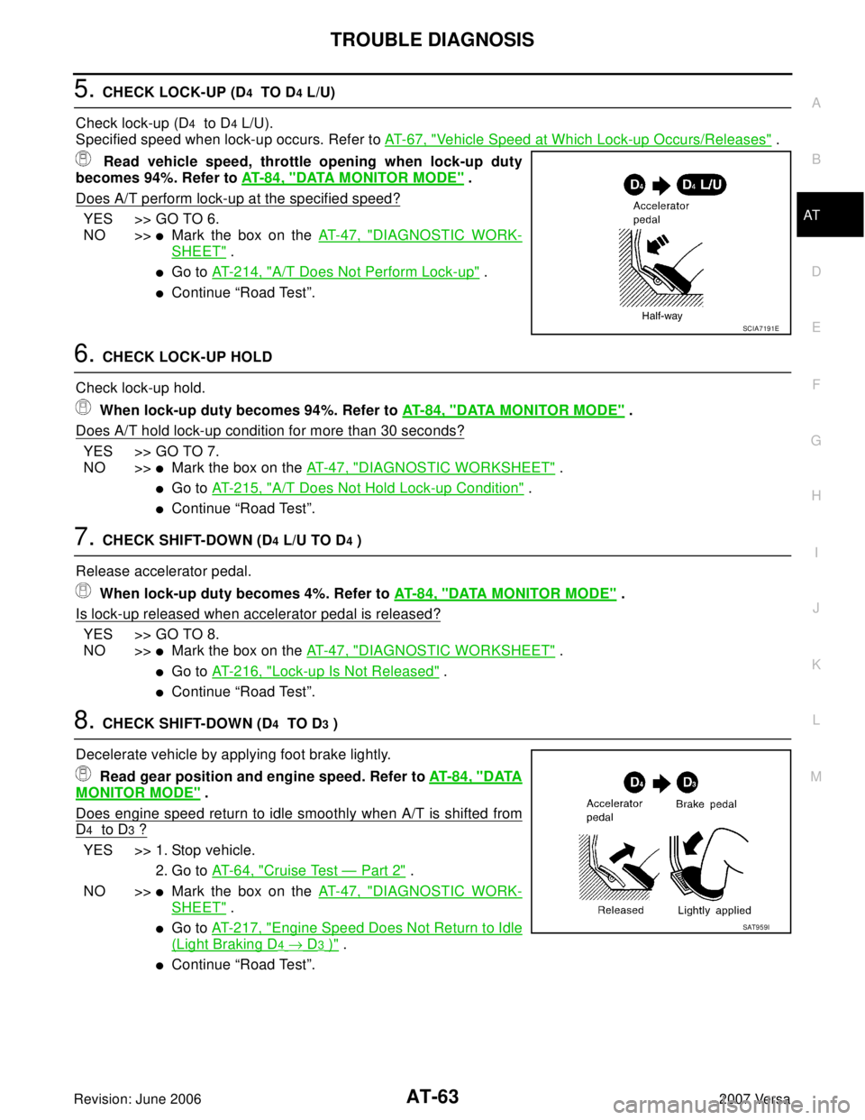 NISSAN LATIO 2007  Service Manual PDF TROUBLE DIAGNOSIS
AT-63
D
E
F
G
H
I
J
K
L
MA
B
AT
Revision: June 20062007 Versa
5. CHECK LOCK-UP (D4  TO D4 L/U)
Check lock-up (D
4  to D4 L/U).
Specified speed when lock-up occurs. Refer to AT-67, "
