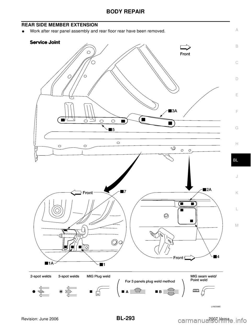 NISSAN LATIO 2007  Service Repair Manual BODY REPAIR
BL-293
C
D
E
F
G
H
J
K
L
MA
B
BL
Revision: June 20062007 Versa
REAR SIDE MEMBER EXTENSION
Work after rear panel assembly and rear floor rear have been removed.
LIIA2598E 