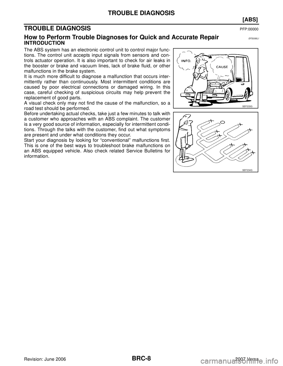 NISSAN LATIO 2007  Service Repair Manual BRC-8
[ABS]
TROUBLE DIAGNOSIS
Revision: June 20062007 Versa
TROUBLE DIAGNOSISPFP:00000
How to Perform Trouble Diagnoses for Quick and Accurate RepairEFS006LI
INTRODUCTION
The ABS system has an electro