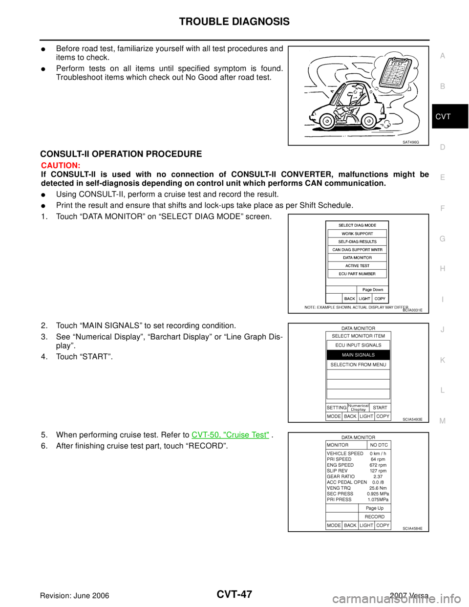 NISSAN LATIO 2007  Service Repair Manual TROUBLE DIAGNOSIS
CVT-47
D
E
F
G
H
I
J
K
L
MA
B
CVT
Revision: June 20062007 Versa
Before road test, familiarize yourself with all test procedures and
items to check.
Perform tests on all items until