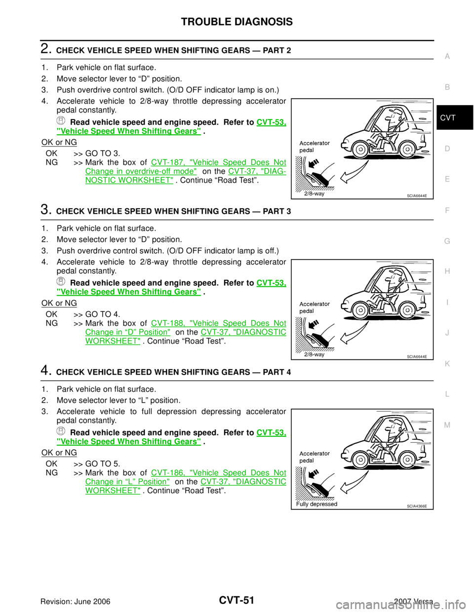 NISSAN LATIO 2007  Service Repair Manual TROUBLE DIAGNOSIS
CVT-51
D
E
F
G
H
I
J
K
L
MA
B
CVT
Revision: June 20062007 Versa
2. CHECK VEHICLE SPEED WHEN SHIFTING GEARS — PART 2 
1. Park vehicle on flat surface.
2. Move selector lever to “D