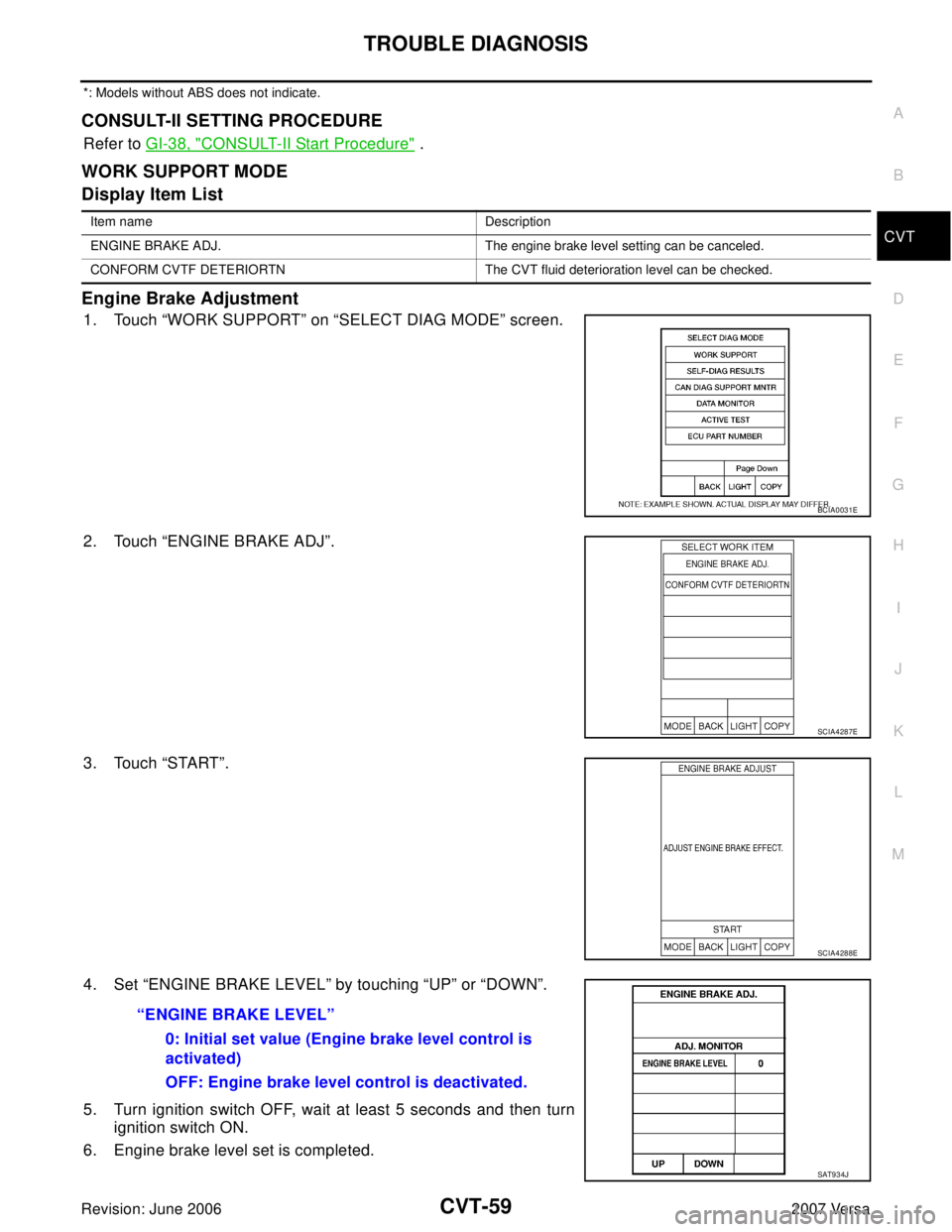 NISSAN LATIO 2007  Service Repair Manual TROUBLE DIAGNOSIS
CVT-59
D
E
F
G
H
I
J
K
L
MA
B
CVT
Revision: June 20062007 Versa
*: Models without ABS does not indicate.
CONSULT-II SETTING PROCEDURE
Refer to GI-38, "CONSULT-II Start Procedure" .
W