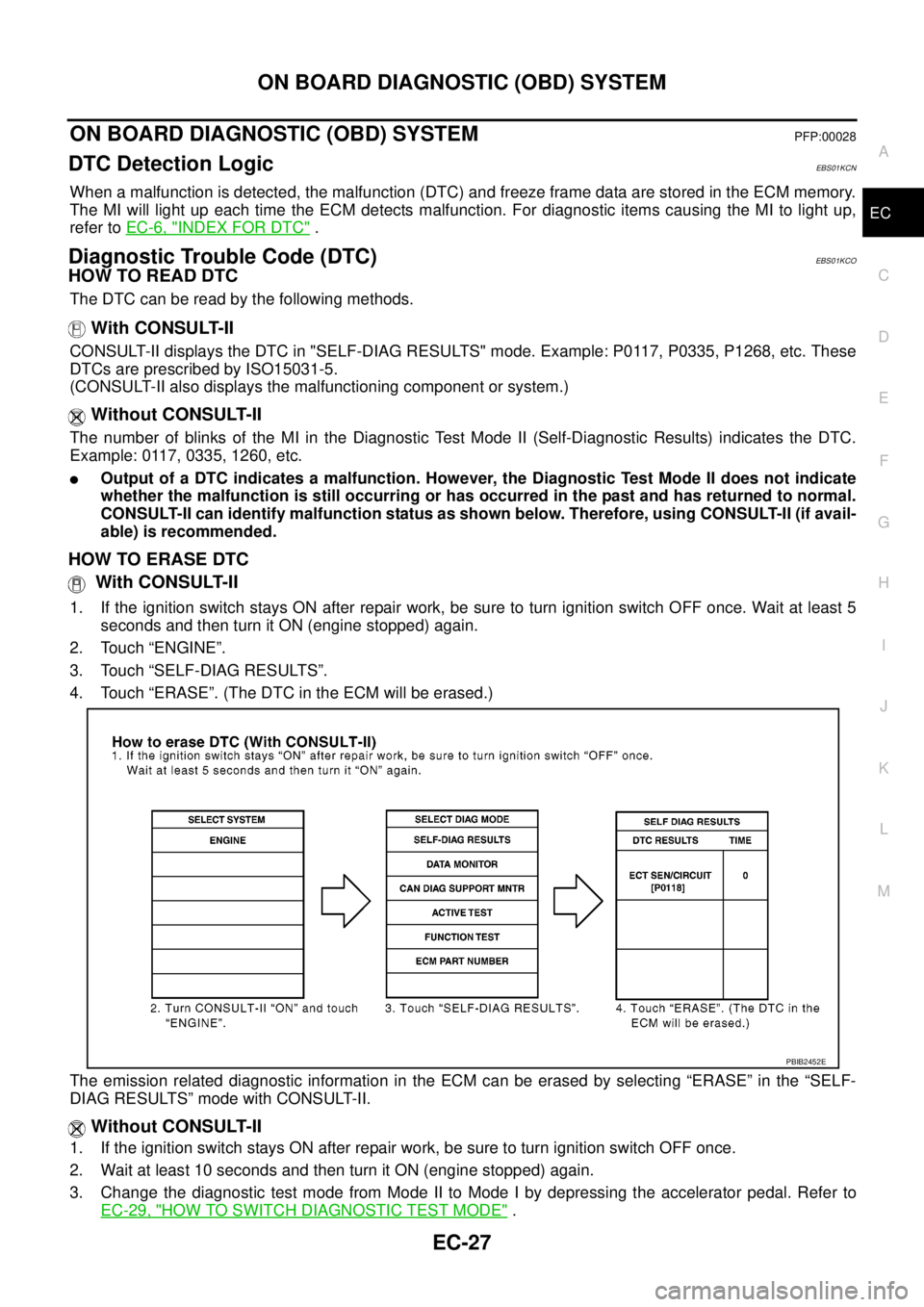 NISSAN NAVARA 2005 Repair Workshop Manual ON BOARD DIAGNOSTIC (OBD) SYSTEM
EC-27
C
D
E
F
G
H
I
J
K
L
MA
EC
ON BOARD DIAGNOSTIC (OBD) SYSTEMPFP:00028
DTC Detection LogicEBS01KCN
When a malfunction is detected, the malfunction (DTC) and freeze NISSAN NAVARA 2005 Repair Workshop Manual ON BOARD DIAGNOSTIC (OBD) SYSTEM
EC-27
C
D
E
F
G
H
I
J
K
L
MA
EC
ON BOARD DIAGNOSTIC (OBD) SYSTEMPFP:00028
DTC Detection LogicEBS01KCN
When a malfunction is detected, the malfunction (DTC) and freeze