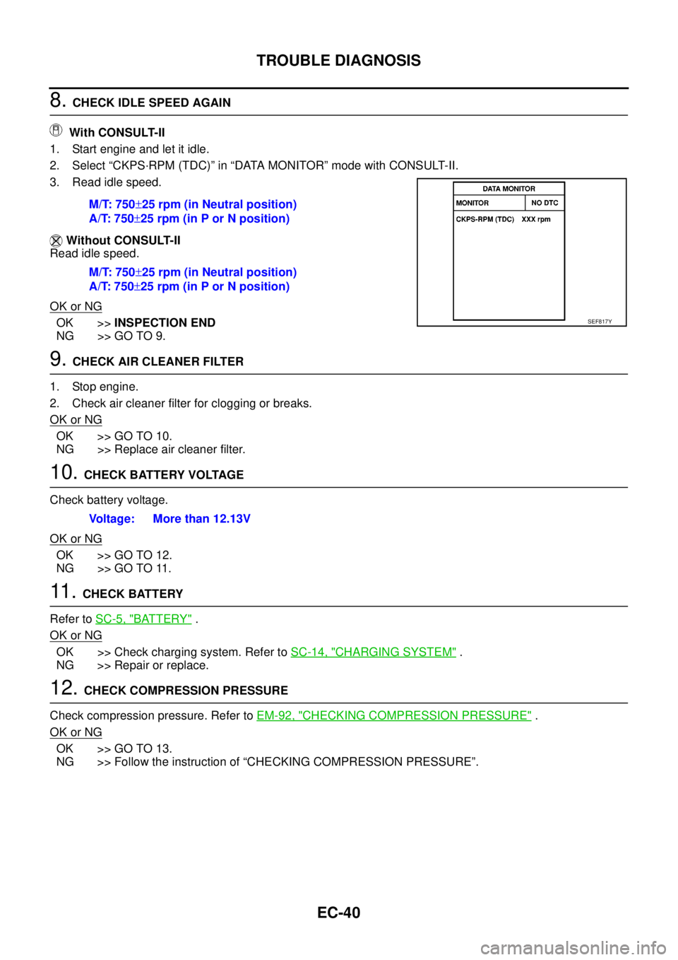 NISSAN NAVARA 2005 Repair Workshop Manual EC-40
TROUBLE DIAGNOSIS
8.CHECK IDLE SPEED AGAIN
With CONSULT-II
1. Start engine and let it idle.
2. Select “CKPS·RPM (TDC)” in “DATA MONITOR” mode with CONSULT-II.
3. Read idle speed.
Withou NISSAN NAVARA 2005 Repair Workshop Manual EC-40
TROUBLE DIAGNOSIS
8.CHECK IDLE SPEED AGAIN
With CONSULT-II
1. Start engine and let it idle.
2. Select “CKPS·RPM (TDC)” in “DATA MONITOR” mode with CONSULT-II.
3. Read idle speed.
Withou