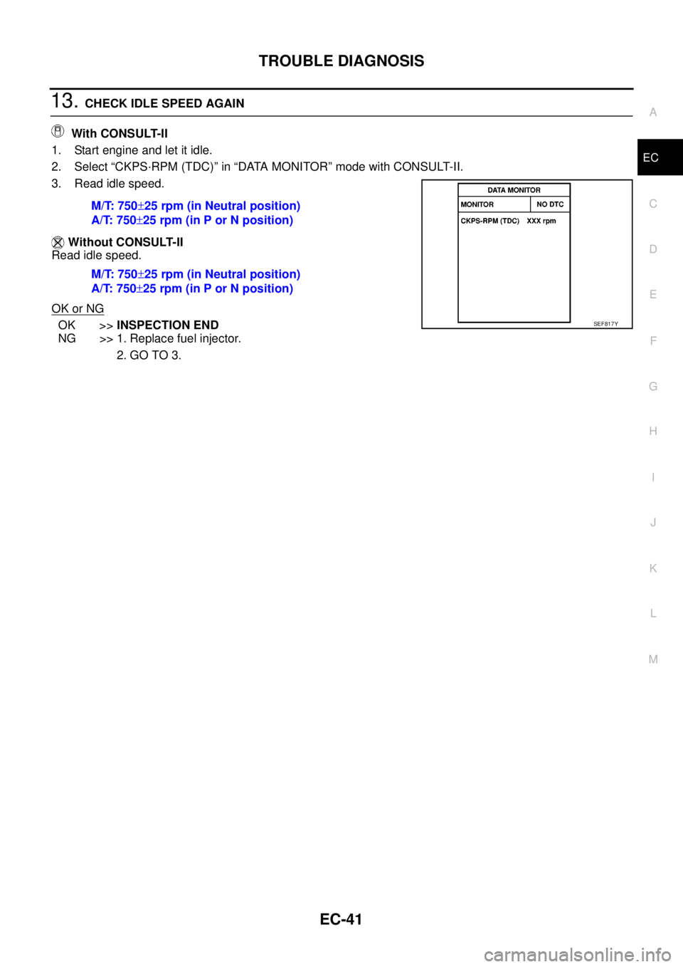 NISSAN NAVARA 2005  Repair Workshop Manual TROUBLE DIAGNOSIS
EC-41
C
D
E
F
G
H
I
J
K
L
MA
EC
13.CHECK IDLE SPEED AGAIN
With CONSULT-II
1. Start engine and let it idle.
2. Select “CKPS·RPM (TDC)” in “DATA MONITOR” mode with CONSULT-II.
