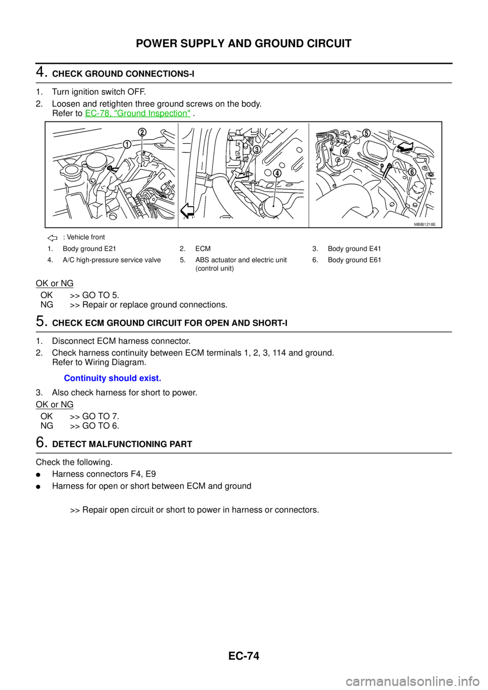 NISSAN NAVARA 2005 Repair Workshop Manual EC-74
POWER SUPPLY AND GROUND CIRCUIT
4.CHECK GROUND CONNECTIONS-I
1. Turn ignition switch OFF.
2. Loosen and retighten three ground screws on the body.
Refer toEC-78, "
Ground Inspection".
OK or NG
O NISSAN NAVARA 2005 Repair Workshop Manual EC-74
POWER SUPPLY AND GROUND CIRCUIT
4.CHECK GROUND CONNECTIONS-I
1. Turn ignition switch OFF.
2. Loosen and retighten three ground screws on the body.
Refer toEC-78, "
Ground Inspection".
OK or NG
O