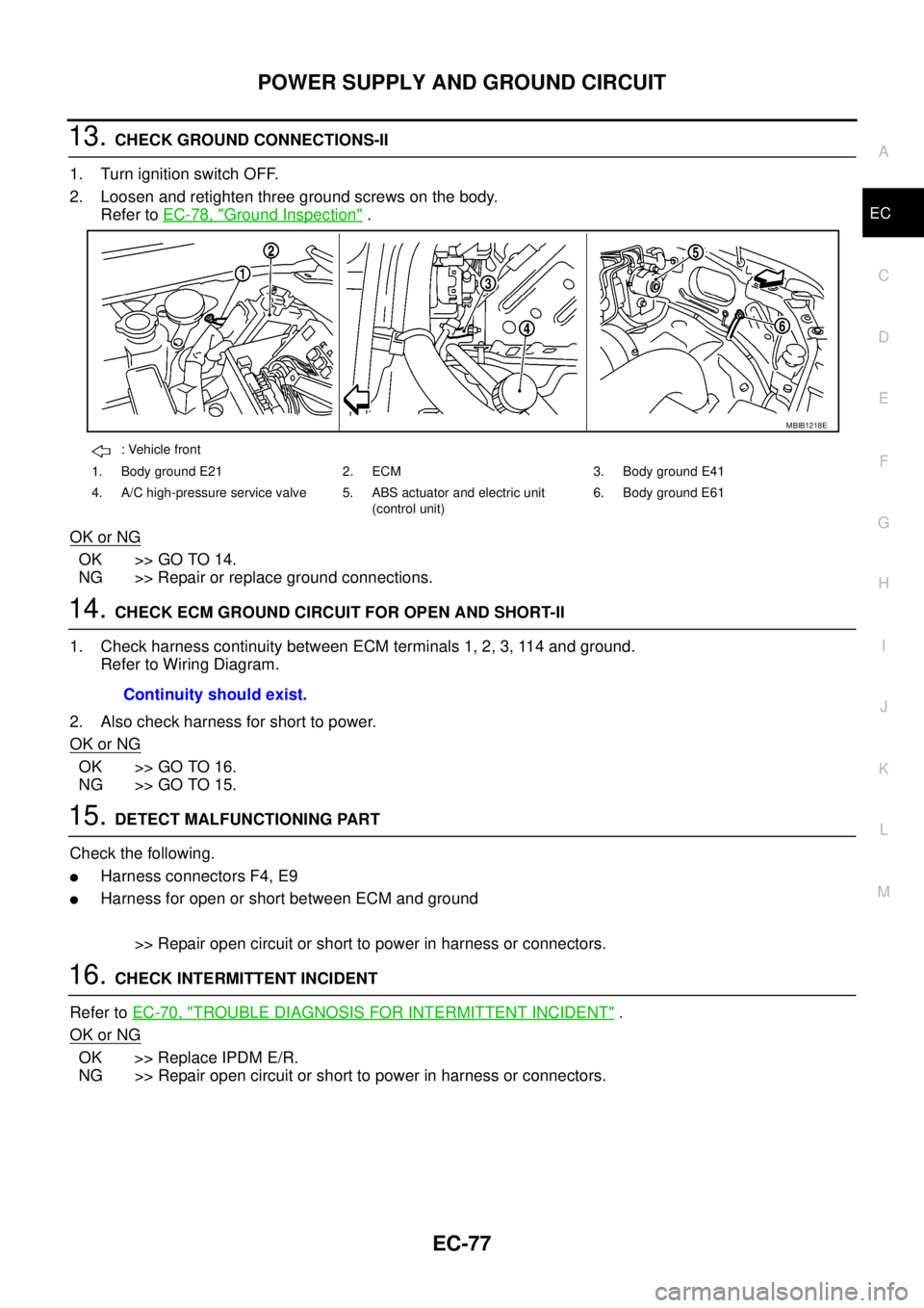 NISSAN NAVARA 2005 Repair Workshop Manual POWER SUPPLY AND GROUND CIRCUIT
EC-77
C
D
E
F
G
H
I
J
K
L
MA
EC
13.CHECK GROUND CONNECTIONS-II
1. Turn ignition switch OFF.
2. Loosen and retighten three ground screws on the body.
Refer toEC-78, "
Gr NISSAN NAVARA 2005 Repair Workshop Manual POWER SUPPLY AND GROUND CIRCUIT
EC-77
C
D
E
F
G
H
I
J
K
L
MA
EC
13.CHECK GROUND CONNECTIONS-II
1. Turn ignition switch OFF.
2. Loosen and retighten three ground screws on the body.
Refer toEC-78, "
Gr