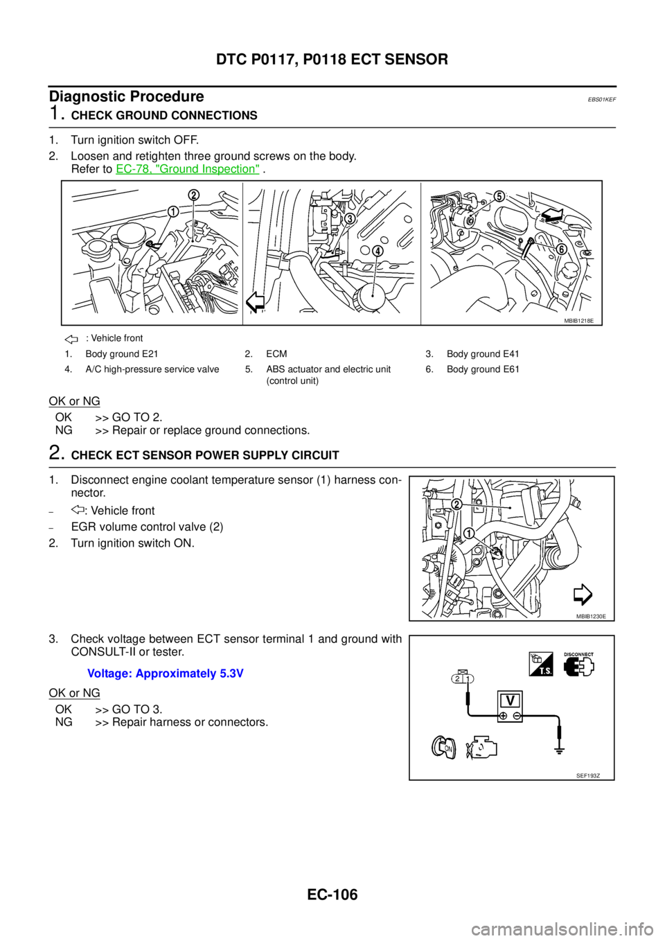 NISSAN NAVARA 2005 Repair Workshop Manual EC-106
DTC P0117, P0118 ECT SENSOR
Diagnostic Procedure
EBS01KEF
1.CHECK GROUND CONNECTIONS
1. Turn ignition switch OFF.
2. Loosen and retighten three ground screws on the body.
Refer toEC-78, "
Groun NISSAN NAVARA 2005 Repair Workshop Manual EC-106
DTC P0117, P0118 ECT SENSOR
Diagnostic Procedure
EBS01KEF
1.CHECK GROUND CONNECTIONS
1. Turn ignition switch OFF.
2. Loosen and retighten three ground screws on the body.
Refer toEC-78, "
Groun