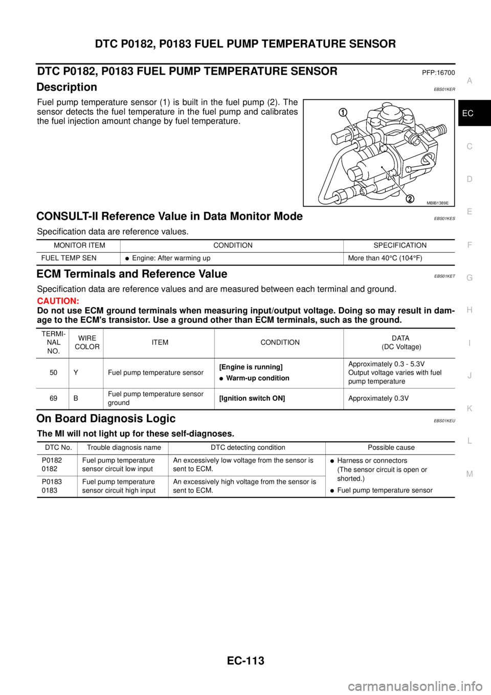 NISSAN NAVARA 2005 Repair Workshop Manual DTC P0182, P0183 FUEL PUMP TEMPERATURE SENSOR
EC-113
C
D
E
F
G
H
I
J
K
L
MA
EC
DTC P0182, P0183 FUEL PUMP TEMPERATURE SENSORPFP:16700
DescriptionEBS01KER
Fuel pump temperature sensor (1) is built in t NISSAN NAVARA 2005 Repair Workshop Manual DTC P0182, P0183 FUEL PUMP TEMPERATURE SENSOR
EC-113
C
D
E
F
G
H
I
J
K
L
MA
EC
DTC P0182, P0183 FUEL PUMP TEMPERATURE SENSORPFP:16700
DescriptionEBS01KER
Fuel pump temperature sensor (1) is built in t
