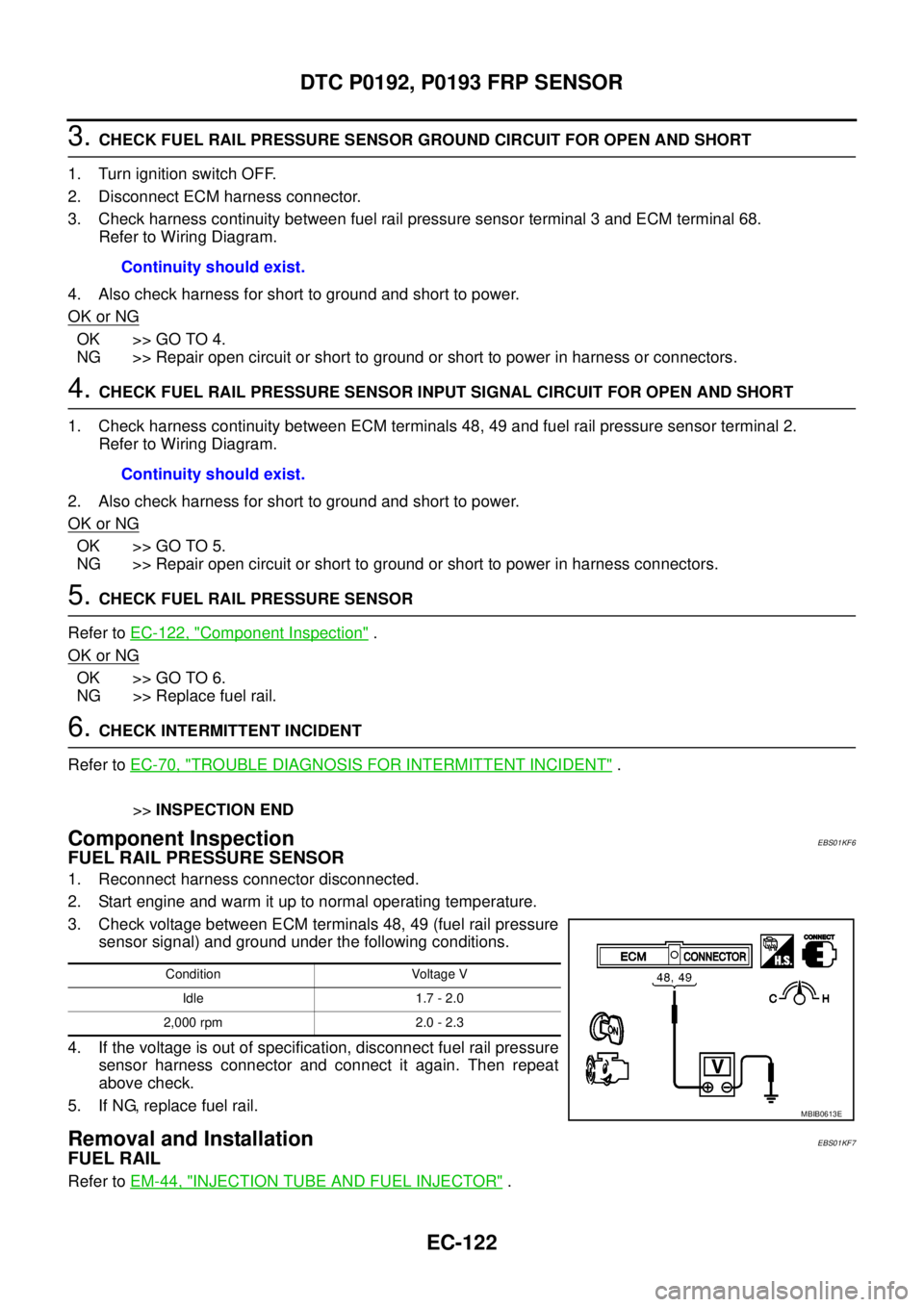 NISSAN NAVARA 2005 Repair Workshop Manual EC-122
DTC P0192, P0193 FRP SENSOR
3.CHECK FUEL RAIL PRESSURE SENSOR GROUND CIRCUIT FOR OPEN AND SHORT
1. Turn ignition switch OFF.
2. Disconnect ECM harness connector.
3. Check harness continuity bet NISSAN NAVARA 2005 Repair Workshop Manual EC-122
DTC P0192, P0193 FRP SENSOR
3.CHECK FUEL RAIL PRESSURE SENSOR GROUND CIRCUIT FOR OPEN AND SHORT
1. Turn ignition switch OFF.
2. Disconnect ECM harness connector.
3. Check harness continuity bet