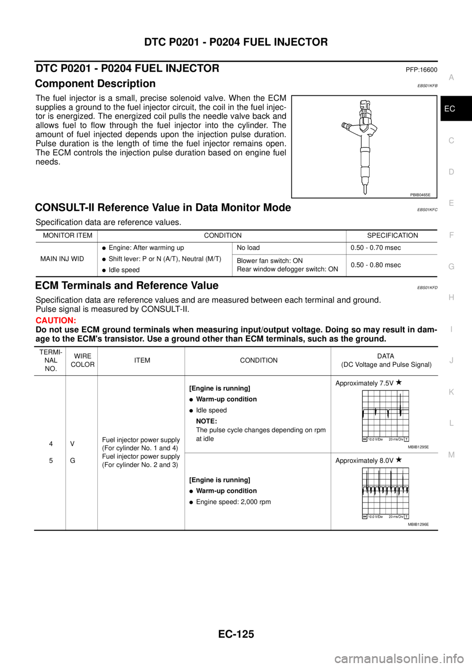 NISSAN NAVARA 2005 Repair Workshop Manual DTC P0201 - P0204 FUEL INJECTOR
EC-125
C
D
E
F
G
H
I
J
K
L
MA
EC
DTC P0201 - P0204 FUEL INJECTORPFP:16600
Component DescriptionEBS01KFB
The fuel injector is a small, precise solenoid valve. When the E NISSAN NAVARA 2005 Repair Workshop Manual DTC P0201 - P0204 FUEL INJECTOR
EC-125
C
D
E
F
G
H
I
J
K
L
MA
EC
DTC P0201 - P0204 FUEL INJECTORPFP:16600
Component DescriptionEBS01KFB
The fuel injector is a small, precise solenoid valve. When the E