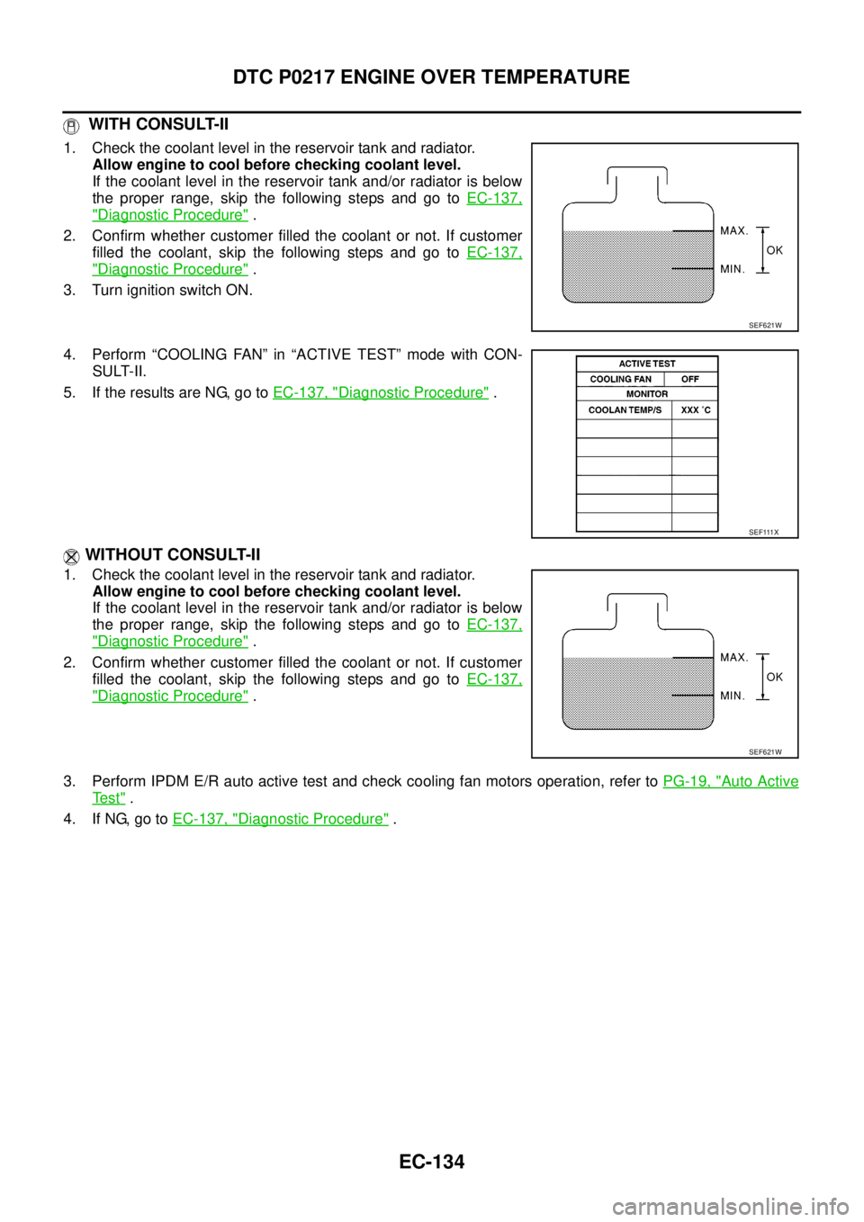 NISSAN NAVARA 2005  Repair Workshop Manual EC-134
DTC P0217 ENGINE OVER TEMPERATURE
WITH CONSULT-II
1. Check the coolant level in the reservoir tank and radiator.
Allow engine to cool before checking coolant level.
If the coolant level in the 