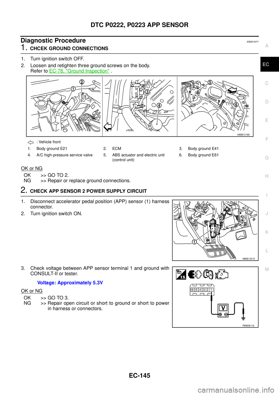 NISSAN NAVARA 2005  Repair Workshop Manual DTC P0222, P0223 APP SENSOR
EC-145
C
D
E
F
G
H
I
J
K
L
MA
EC
Diagnostic ProcedureEBS01KFY
1.CHCEK GROUND CONNECTIONS
1. Turn ignition switch OFF.
2. Loosen and retighten three ground screws on the bod