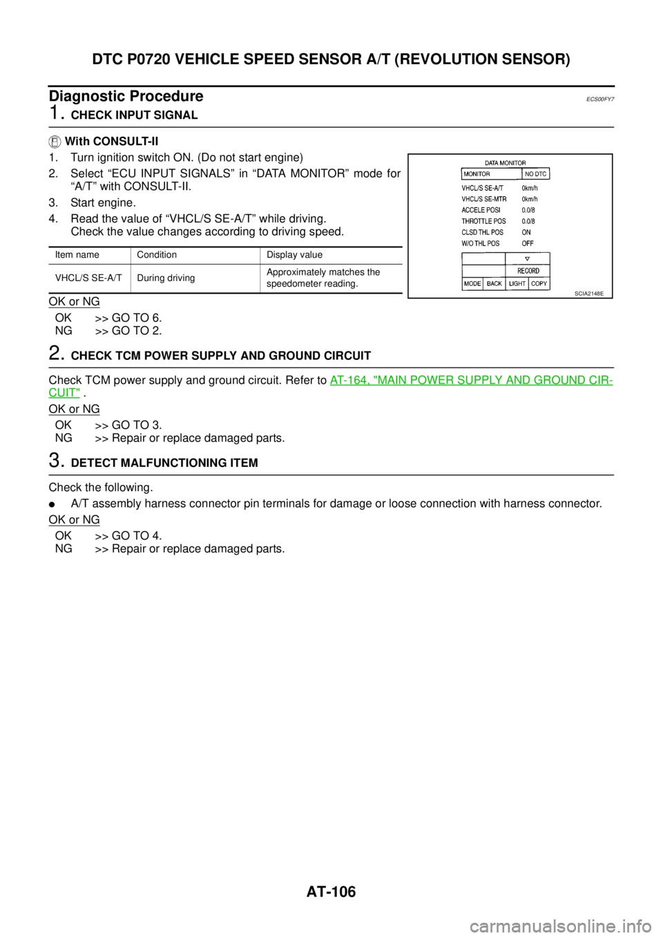 NISSAN NAVARA 2005 Repair Service Manual AT-106
DTC P0720 VEHICLE SPEED SENSOR A/T (REVOLUTION SENSOR)
Diagnostic Procedure
ECS00FY7
1.CHECK INPUT SIGNAL
With CONSULT-II
1. Turn ignition switch ON. (Do not start engine)
2. Select “ECU INPU NISSAN NAVARA 2005 Repair Service Manual AT-106
DTC P0720 VEHICLE SPEED SENSOR A/T (REVOLUTION SENSOR)
Diagnostic Procedure
ECS00FY7
1.CHECK INPUT SIGNAL
With CONSULT-II
1. Turn ignition switch ON. (Do not start engine)
2. Select “ECU INPU