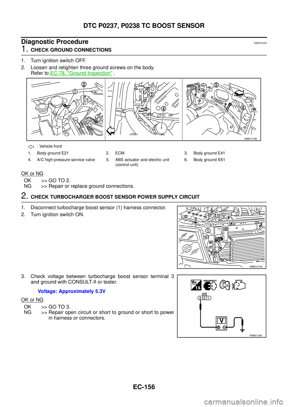 NISSAN NAVARA 2005  Repair Workshop Manual EC-156
DTC P0237, P0238 TC BOOST SENSOR
Diagnostic Procedure
EBS01KGG
1.CHECK GROUND CONNECTIONS
1. Turn ignition switch OFF.
2. Loosen and retighten three ground screws on the body.
Refer toEC-78, "
