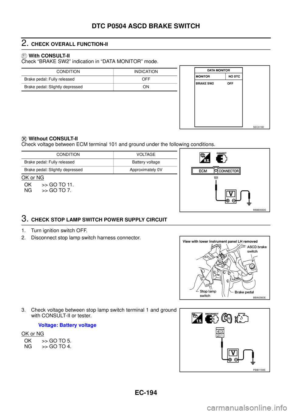 NISSAN NAVARA 2005 Repair Workshop Manual EC-194
DTC P0504 ASCD BRAKE SWITCH
2.CHECK OVERALL FUNCTION-II
With CONSULT-II
Check “BRAKE SW2” indication in “DATA MONITOR” mode.
Without CONSULT-II
Check voltage between ECM terminal 101 an NISSAN NAVARA 2005 Repair Workshop Manual EC-194
DTC P0504 ASCD BRAKE SWITCH
2.CHECK OVERALL FUNCTION-II
With CONSULT-II
Check “BRAKE SW2” indication in “DATA MONITOR” mode.
Without CONSULT-II
Check voltage between ECM terminal 101 an