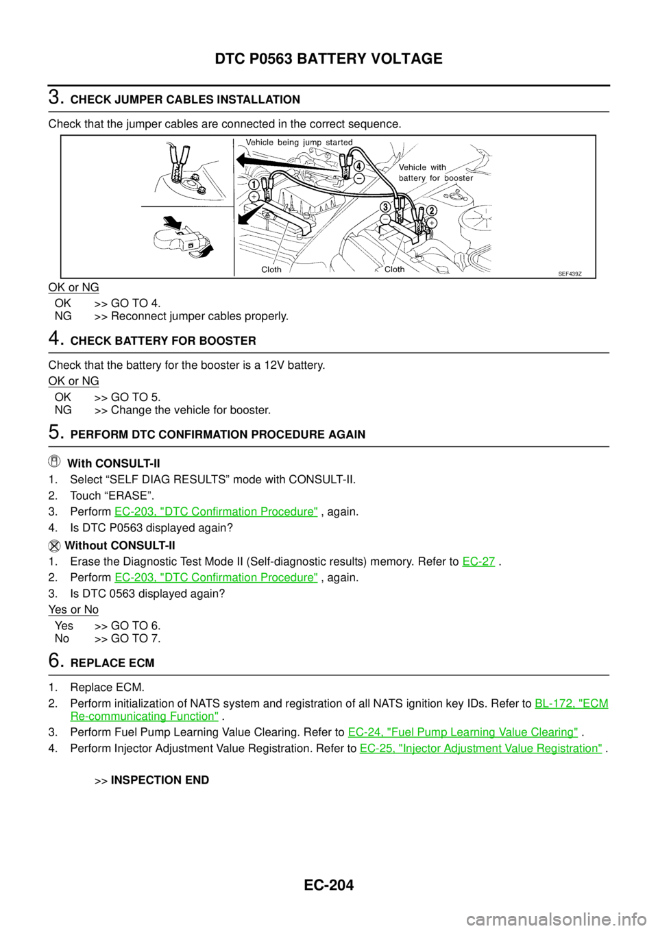 NISSAN NAVARA 2005  Repair Workshop Manual EC-204
DTC P0563 BATTERY VOLTAGE
3.CHECK JUMPER CABLES INSTALLATION
Check that the jumper cables are connected in the correct sequence.
OK or NG
OK >> GO TO 4.
NG >> Reconnect jumper cables properly.
