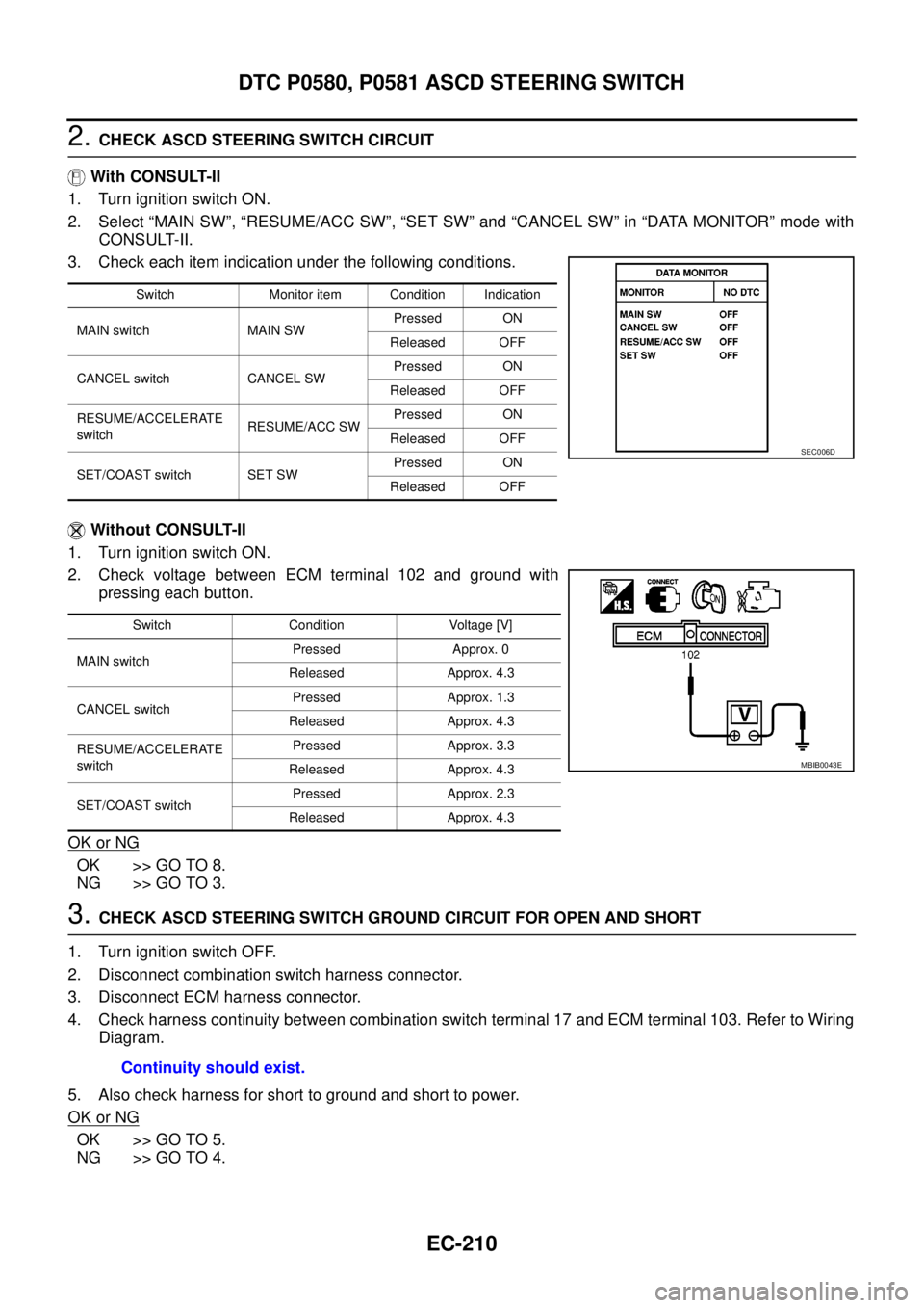 NISSAN NAVARA 2005  Repair Workshop Manual EC-210
DTC P0580, P0581 ASCD STEERING SWITCH
2.CHECK ASCD STEERING SWITCH CIRCUIT
With CONSULT-II
1. Turn ignition switch ON.
2. Select “MAIN SW”, “RESUME/ACC SW”, “SET SW” and “CANCEL S