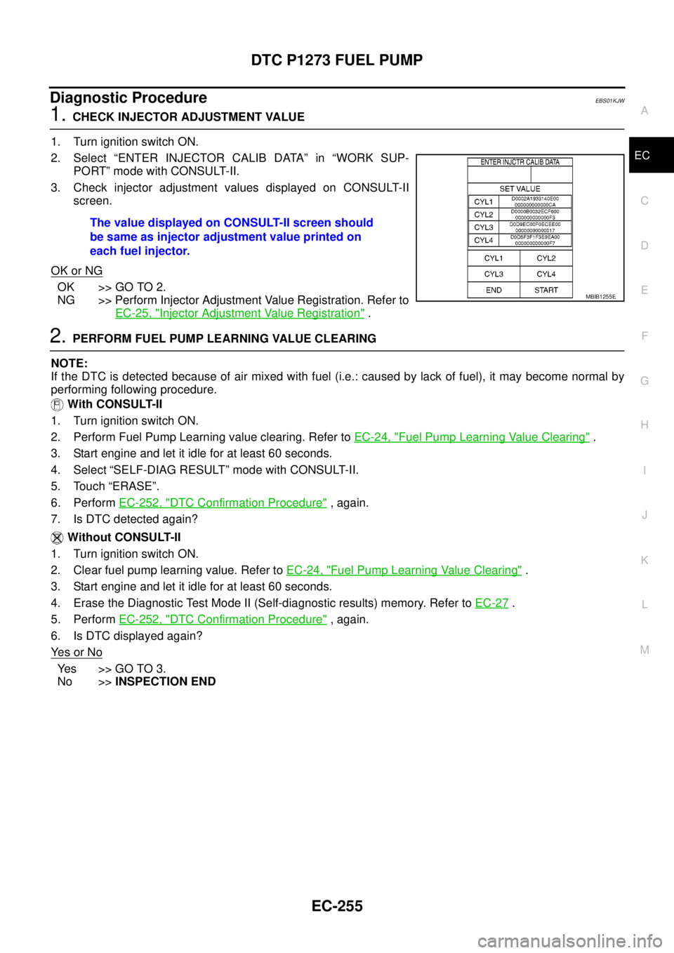 NISSAN NAVARA 2005  Repair Workshop Manual DTC P1273 FUEL PUMP
EC-255
C
D
E
F
G
H
I
J
K
L
MA
EC
Diagnostic ProcedureEBS01KJW
1.CHECK INJECTOR ADJUSTMENT VALUE
1. Turn ignition switch ON.
2. Select “ENTER INJECTOR CALIB DATA” in “WORK SUP