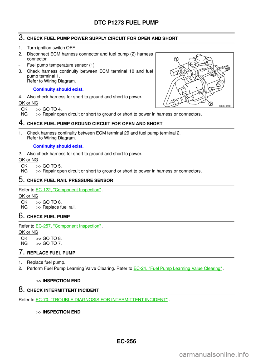 NISSAN NAVARA 2005  Repair Workshop Manual EC-256
DTC P1273 FUEL PUMP
3.CHECK FUEL PUMP POWER SUPPLY CIRCUIT FOR OPEN AND SHORT
1. Turn ignition switch OFF.
2. Disconnect ECM harness connector and fuel pump (2) harness
connector.
–Fuel pump 