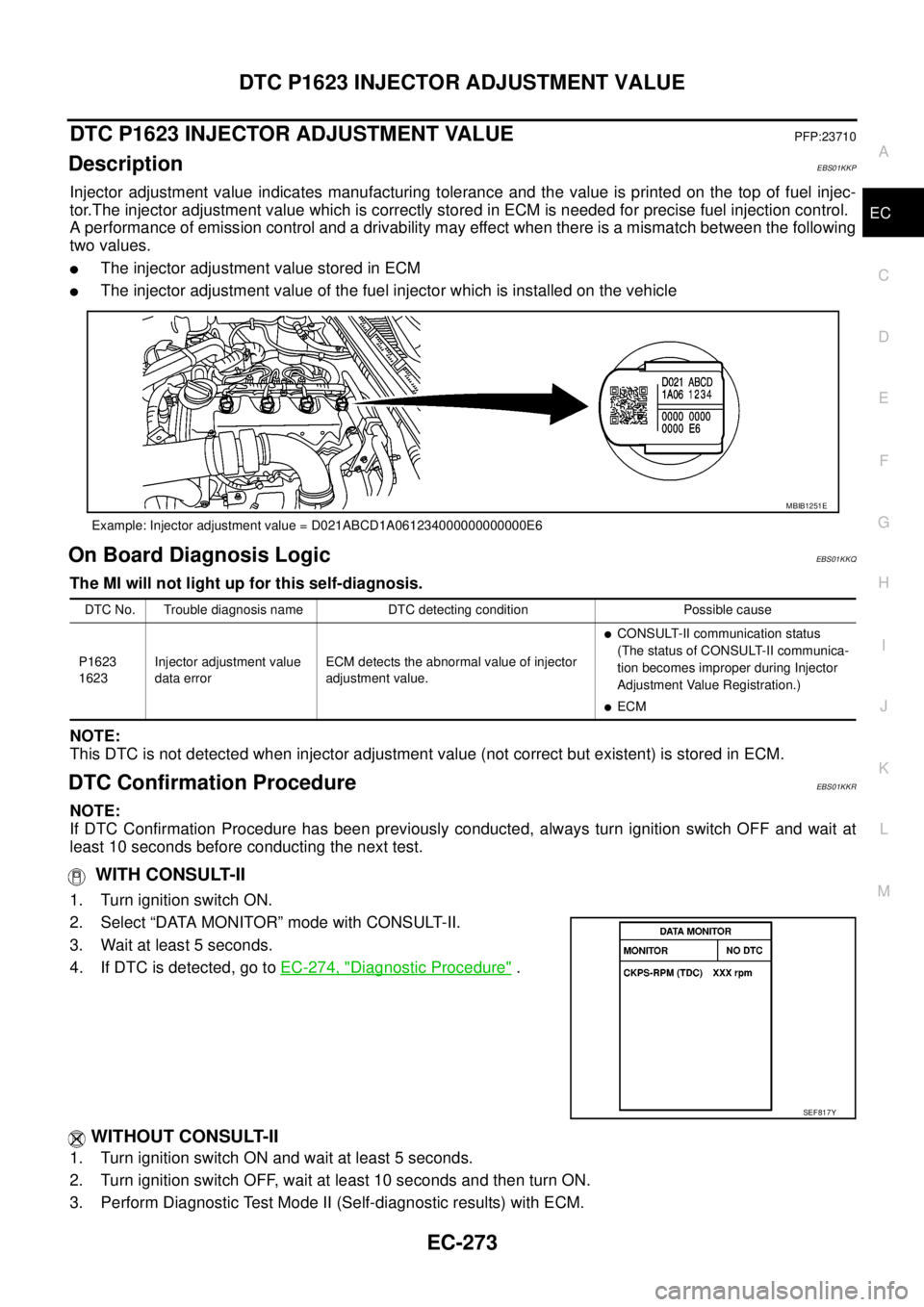 NISSAN NAVARA 2005  Repair Workshop Manual DTC P1623 INJECTOR ADJUSTMENT VALUE
EC-273
C
D
E
F
G
H
I
J
K
L
MA
EC
DTC P1623 INJECTOR ADJUSTMENT VALUEPFP:23710
DescriptionEBS01KKP
Injector adjustment value indicates manufacturing tolerance and th