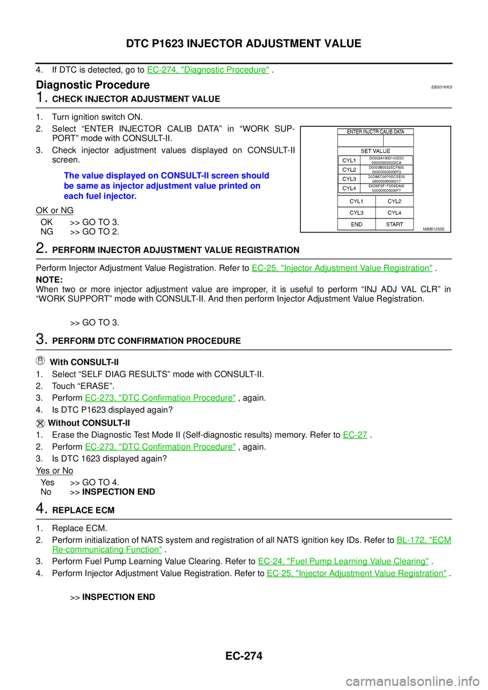 NISSAN NAVARA 2005  Repair Workshop Manual EC-274
DTC P1623 INJECTOR ADJUSTMENT VALUE
4. If DTC is detected, go toEC-274, "Diagnostic Procedure".
Diagnostic ProcedureEBS01KKS
1.CHECK INJECTOR ADJUSTMENT VALUE
1. Turn ignition switch ON.
2. Sel
