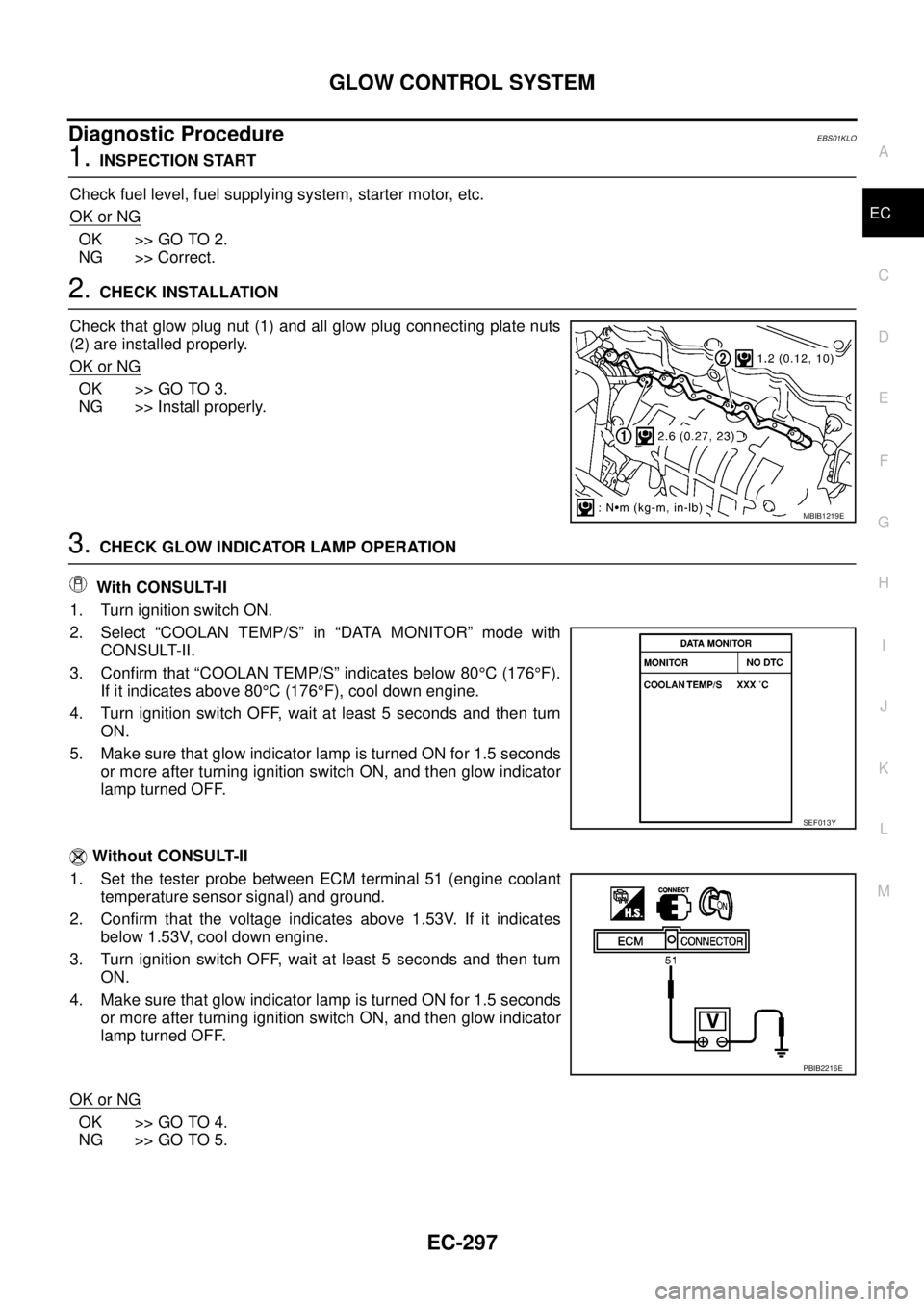 NISSAN NAVARA 2005  Repair Workshop Manual GLOW CONTROL SYSTEM
EC-297
C
D
E
F
G
H
I
J
K
L
MA
EC
Diagnostic ProcedureEBS01KLO
1.INSPECTION START
Check fuel level, fuel supplying system, starter motor, etc.
OK or NG
OK >> GO TO 2.
NG >> Correct.