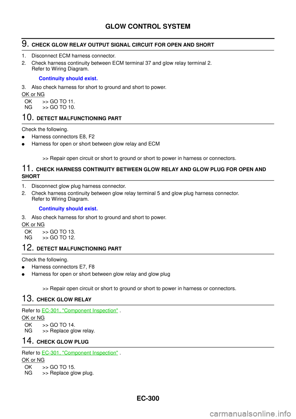 NISSAN NAVARA 2005  Repair Workshop Manual EC-300
GLOW CONTROL SYSTEM
9.CHECK GLOW RELAY OUTPUT SIGNAL CIRCUIT FOR OPEN AND SHORT
1. Disconnect ECM harness connector.
2. Check harness continuity between ECM terminal 37 and glow relay terminal 