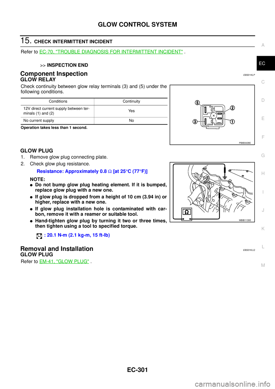 NISSAN NAVARA 2005  Repair Workshop Manual GLOW CONTROL SYSTEM
EC-301
C
D
E
F
G
H
I
J
K
L
MA
EC
15.CHECK INTERMITTENT INCIDENT
Refer toEC-70, "
TROUBLE DIAGNOSIS FOR INTERMITTENT INCIDENT".
>>INSPECTION END
Component InspectionEBS01KLP
GLOW RE