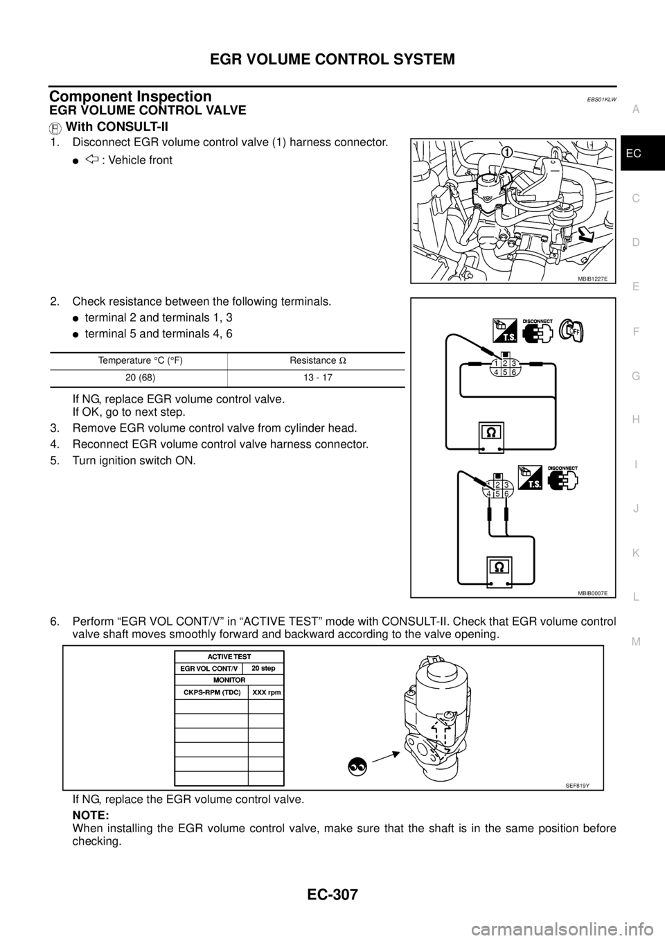 NISSAN NAVARA 2005  Repair Workshop Manual EGR VOLUME CONTROL SYSTEM
EC-307
C
D
E
F
G
H
I
J
K
L
MA
EC
Component InspectionEBS01KLW
EGR VOLUME CONTROL VALVE
With CONSULT-II
1. Disconnect EGR volume control valve (1) harness connector.
l: Vehicl