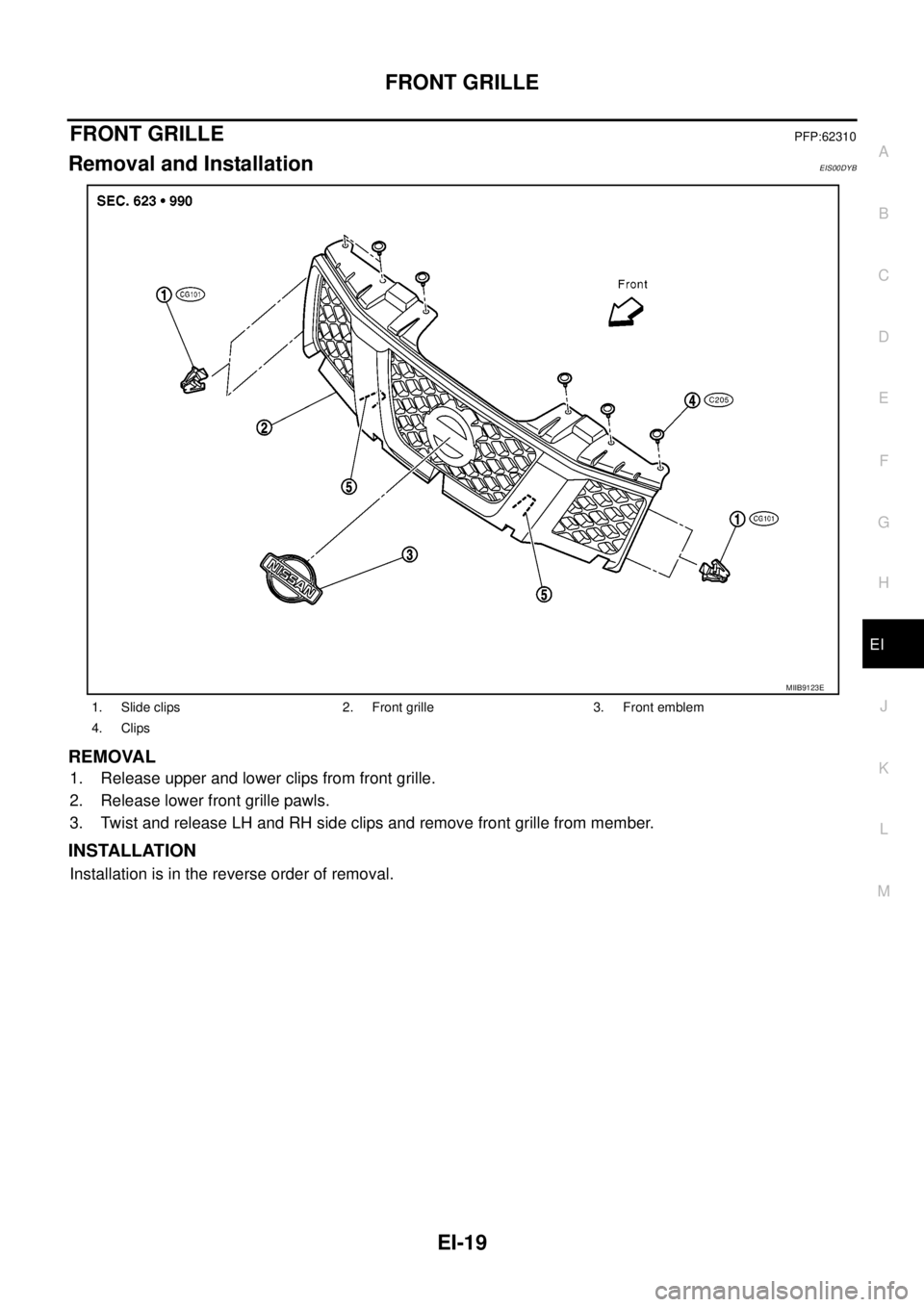 NISSAN NAVARA 2005  Repair Workshop Manual FRONT GRILLE
EI-19
C
D
E
F
G
H
J
K
L
MA
B
EI
FRONT GRILLEPFP:62310
Removal and InstallationEIS00DYB
REMOVAL
1. Release upper and lower clips from front grille.
2. Release lower front grille pawls.
3. 