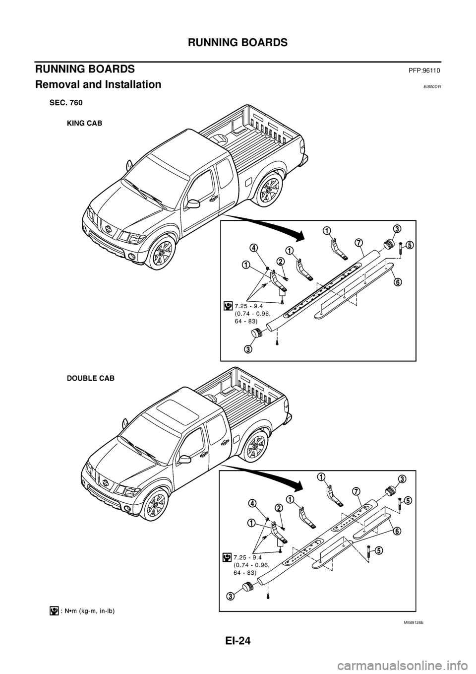 NISSAN NAVARA 2005  Repair Workshop Manual EI-24
RUNNING BOARDS
RUNNING BOARDS
PFP:96110
Removal and InstallationEIS00DYI
MIIB9126E 