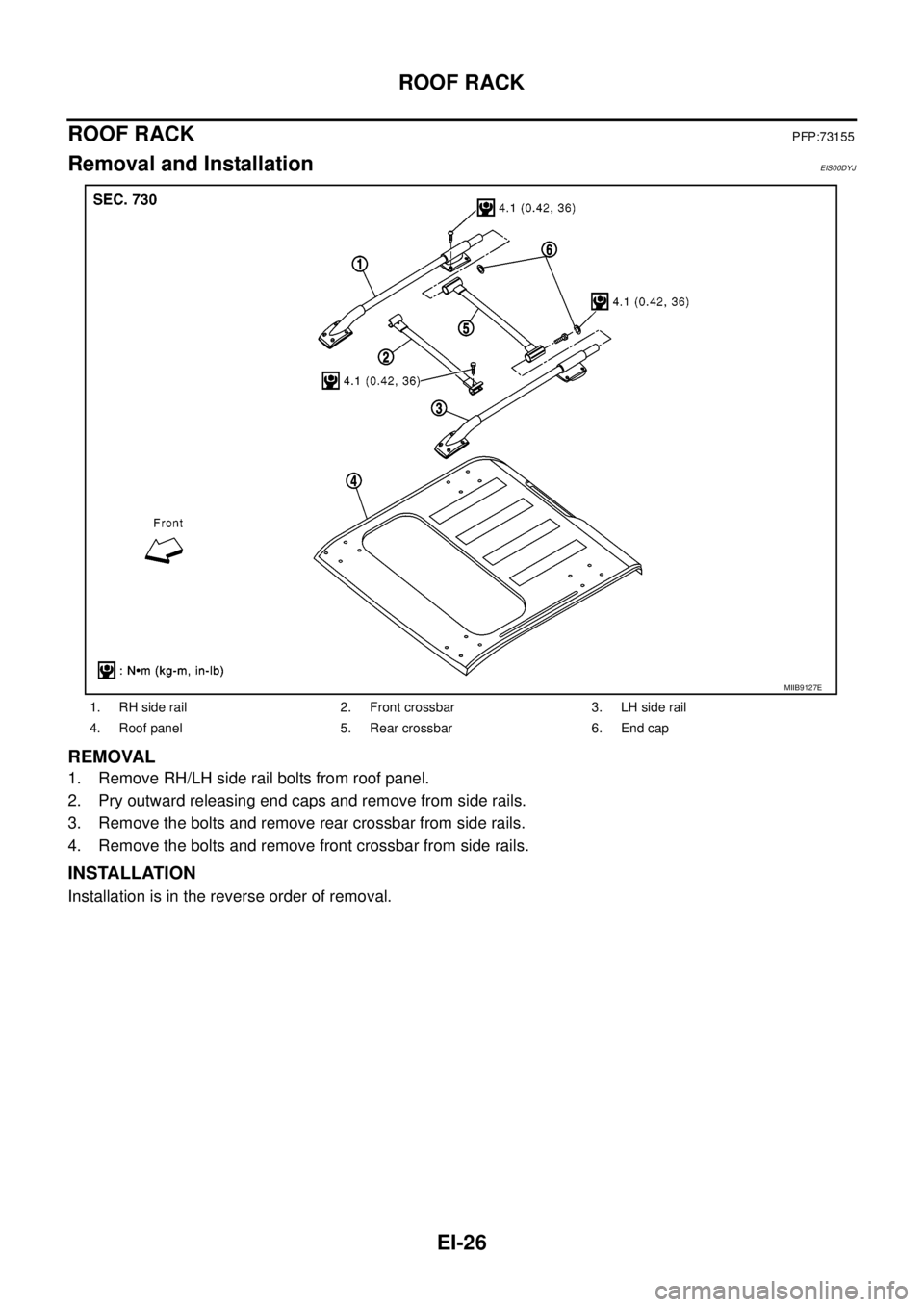 NISSAN NAVARA 2005  Repair Workshop Manual EI-26
ROOF RACK
ROOF RACK
PFP:73155
Removal and InstallationEIS00DYJ
REMOVAL
1. Remove RH/LH side rail bolts from roof panel.
2. Pry outward releasing end caps and remove from side rails.
3. Remove th